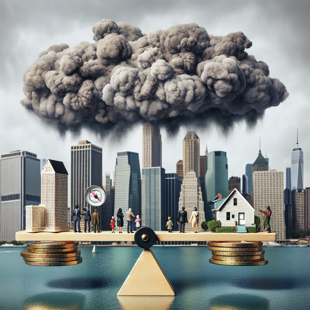 Picture this: a high-rise cityscape, with a looming grey cloud of uncertainty hovering above, symbolizing the US housing market crisis. Within this scene are miniature people representing homebuyers, each of different descent: a Hispanic lady, a Black man, a South Asian gentleman, and a Caucasian woman. They're all holding navigational compasses and maps, metaphorically illustrating strategies to navigate rising mortgage rates. In the foreground, there's a metaphorical seesaw with a house on one side and a stack of coins on the other, representing the balance struggle between home value and mortgage rates.