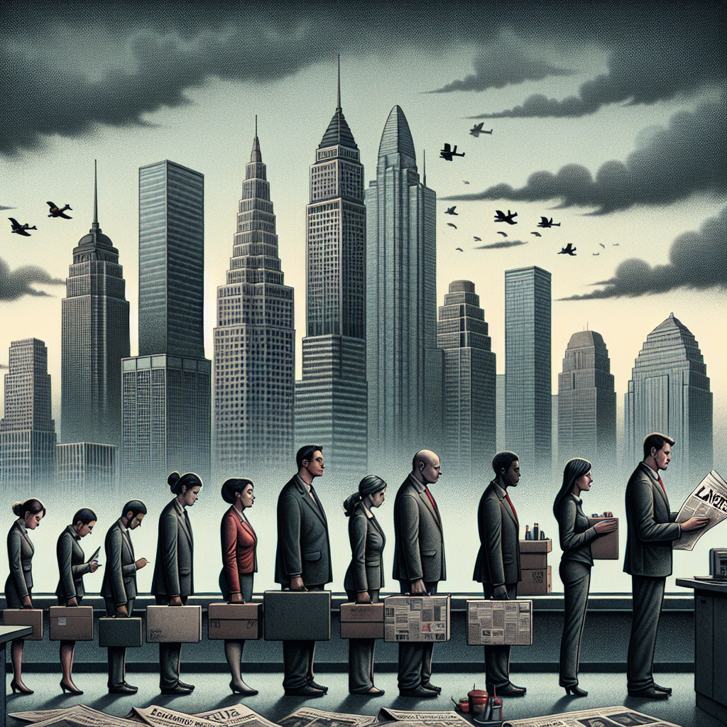 A detailed image depicting a somber cityscape with corporate skyscrapers towerimg in the background. Their logos are not visible, maintaining an anonymous persona. In the foreground, there is a line of employees consisting of both men and women, of various descents like Caucasian, Hispanic, Black, Middle-Eastern, South Asian, and East Asian. Each of them carries a box full of items from their desk, expressing job termination emotions such as shock, sadness, and uncertainty. A newspaper headline blowing in the wind reads 'Shocking Layoffs at Major Tech Firms'. Make sure the scene captures the economic turmoil mentioned in the original request.