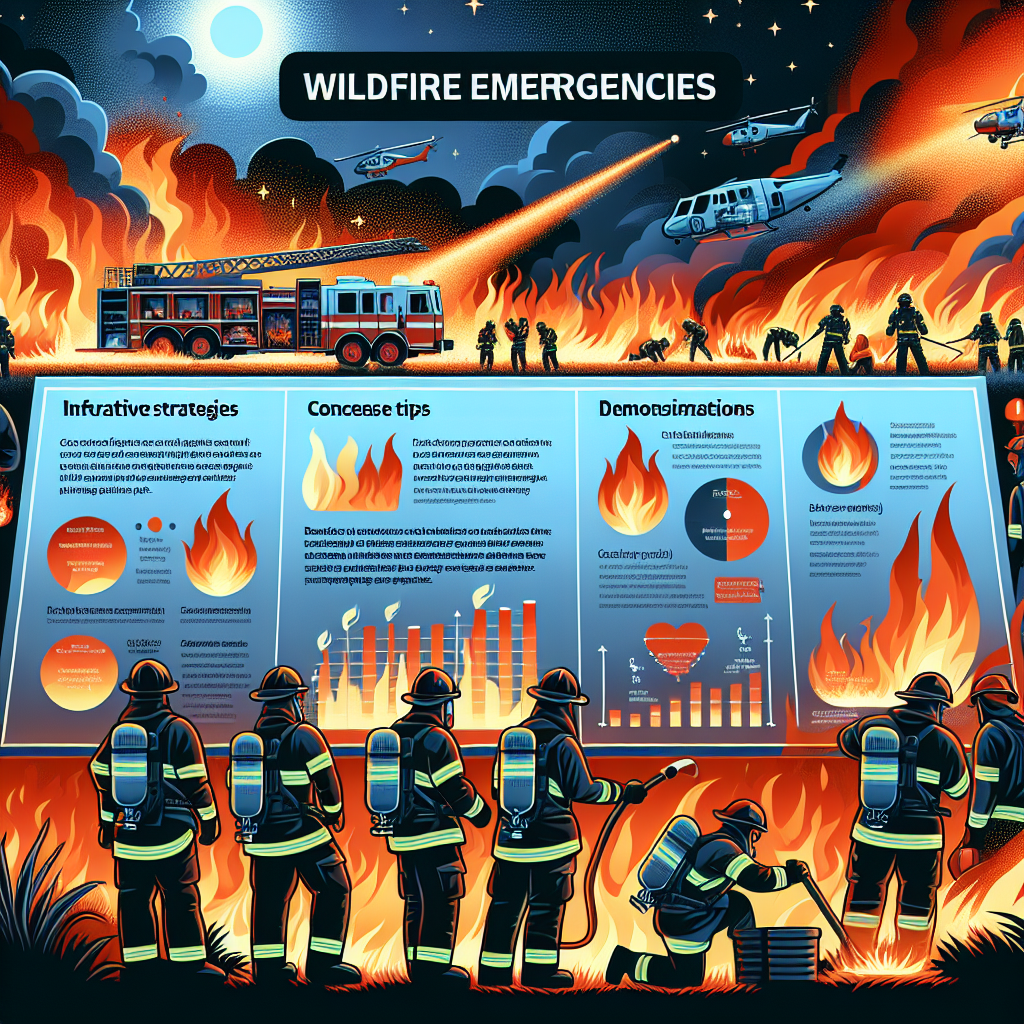 Depict an informative and vivid scene of firefighters courageously battling a gargantuan wildfire under a starlit night. Show them wearing their protective gear and using advanced firefighting equipment. Also, include an infographic off to the side presenting top strategies for dealing with extreme heatwaves. It should contain concise tips and pictorial demonstrations, all under an overarching banner titled 'Wildfire Emergencies'. In the crowd of firefighters, ensure diverse representation with both male and female fighters and descent ranging from Caucasian, Hispanic, Black, Middle-Eastern, to South Asian.