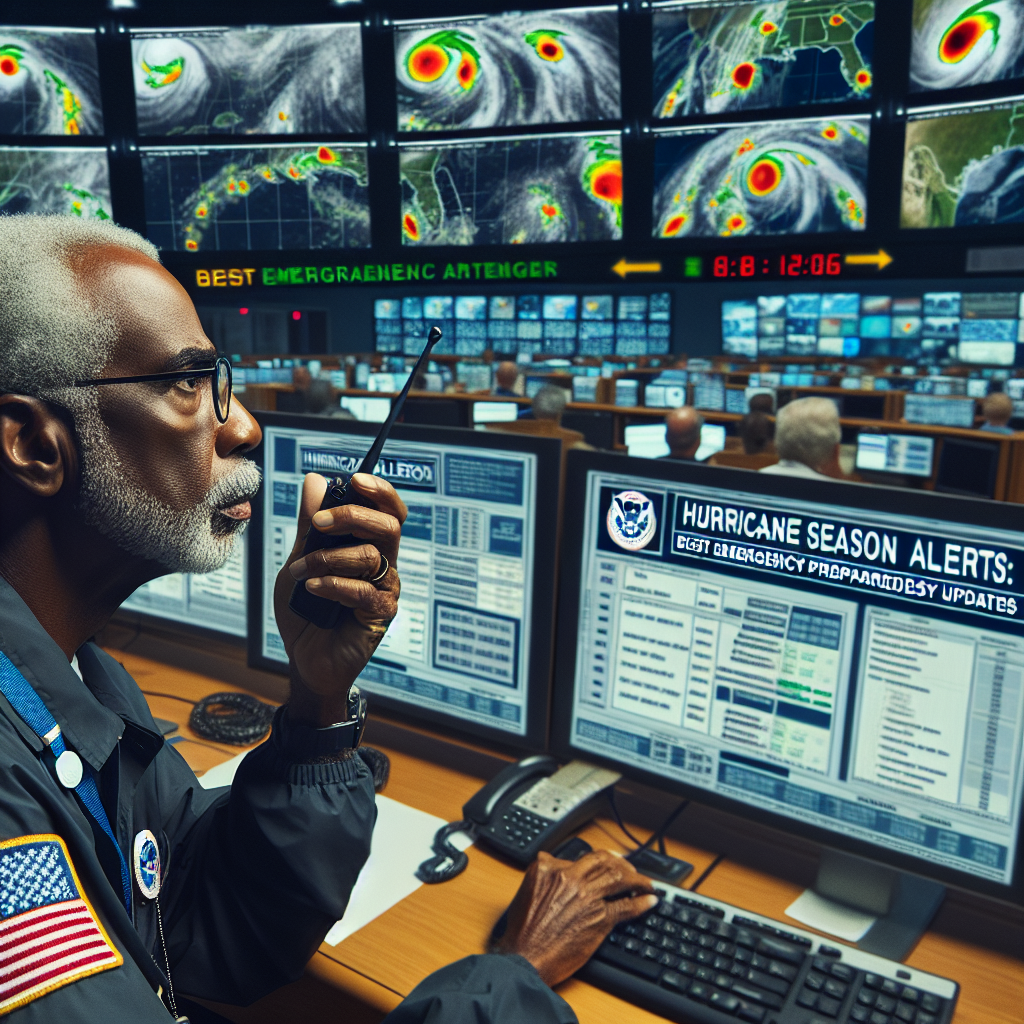 Create an image of a bustling command center filled with various monitors displaying weather patterns and storm tracking information. In the midst of it, a middle-aged, Black gentleman with glasses is intensely focusing on the screens, his hand ready to act on his walkie-talkie. He's wearing a FEMA jacket and an ID tag around his neck. On one of the screens, a bold, clear message reads: 'Hurricane Season Alerts: Best Emergency Preparedness Updates'. Depict urgency but also control and preparedness, hinting at the level of meticulousness that goes into tracking and managing hurricane seasons.