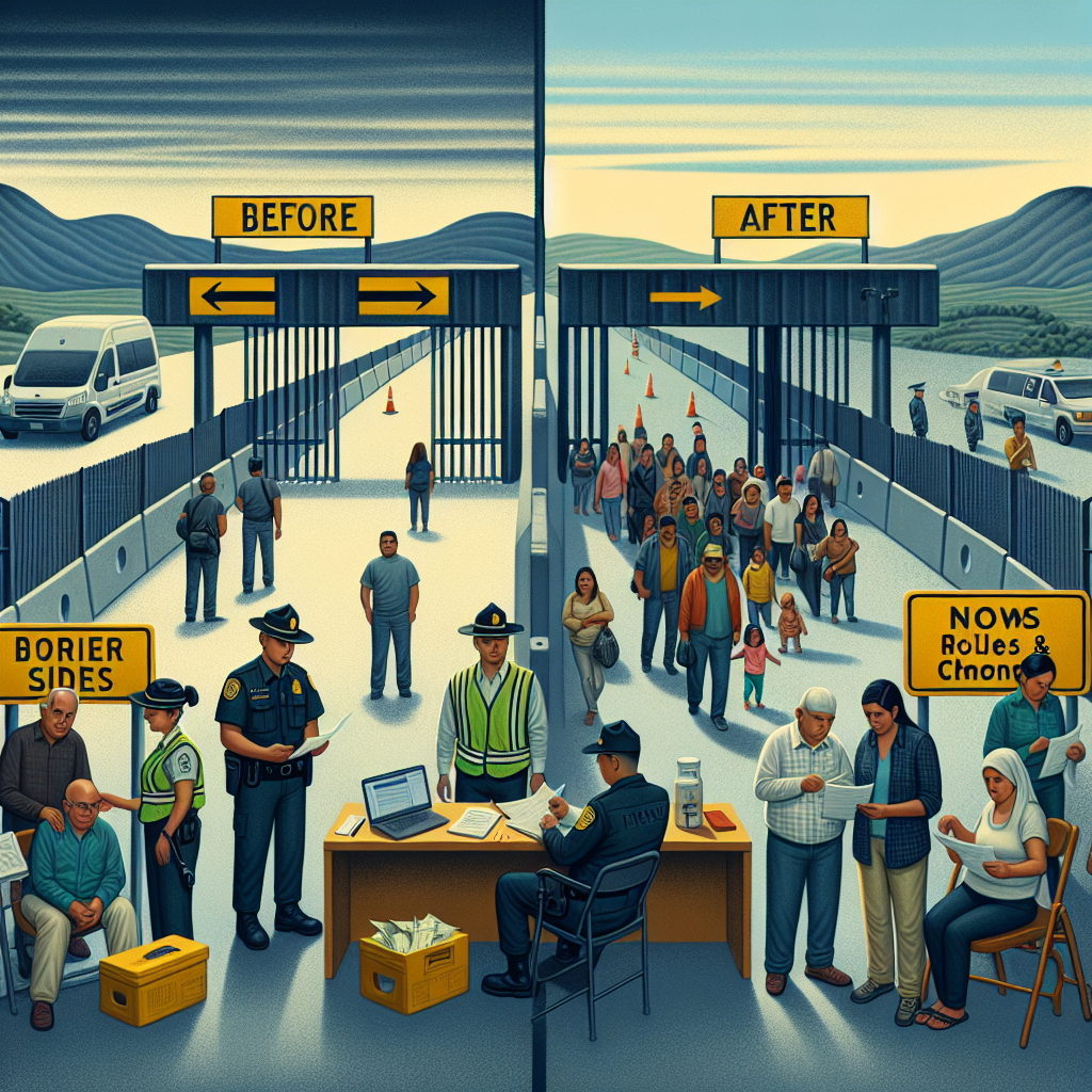 Create an image depicting the themes of border security and immigration policy changes. The scene should be a boundary line with signs indicating new rules and regulations. Portray a contrast between two sides of the boundary, one side symbolizing 'before' the policy changes with people waiting and the other representing 'after' with less congestion. Include diverse individuals, like a East Asian male immigration officer reviewing documents, a Hispanic female going through a security checkpoint, and a Middle Eastern family waiting at the back, all dispersed between two sides. Apply a neutral color palette without overly dramatic or alarming tones.