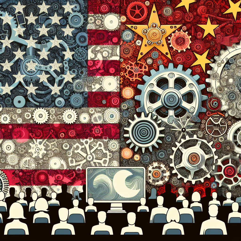An abstract illustration representing the escalating technology tensions between the United States and China. The background consisting of intertwined gears and cogs symbolizes intricate technological systems. On the left, half a gear emblematic of the American flag; on the right, half a gear styled with the Chinese flag. In the middle, a large monitor displays the logo of a hypothetical social media app, denoting the central role such platforms play in the debate. The look on people's faces of various descents, genders, and ages reflecting their concern and uncertainty. Do not include any text in the image.