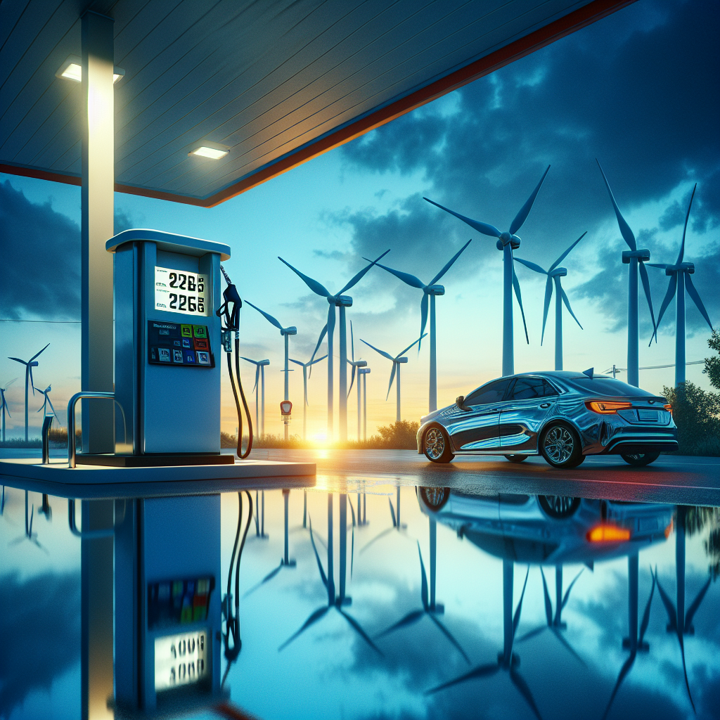 Imagine an image that represents fluctuations in economic landscapes. In the foreground, a gas station with prices prominently displayed, showing considerably lower numbers than usual. It's evening, and the glow of the setting sun reflects in the glossy, metallic surface of nearby unmanned cars, indicating the fall in vehicular usage. A windmill farm stands proudly in the background, denoting alternative energy sources against the backdrop of a clear sky transitioning to night. The windmills' slowly spinning blades serve as metaphors for the gradual but significant pivot towards sustainable energy.