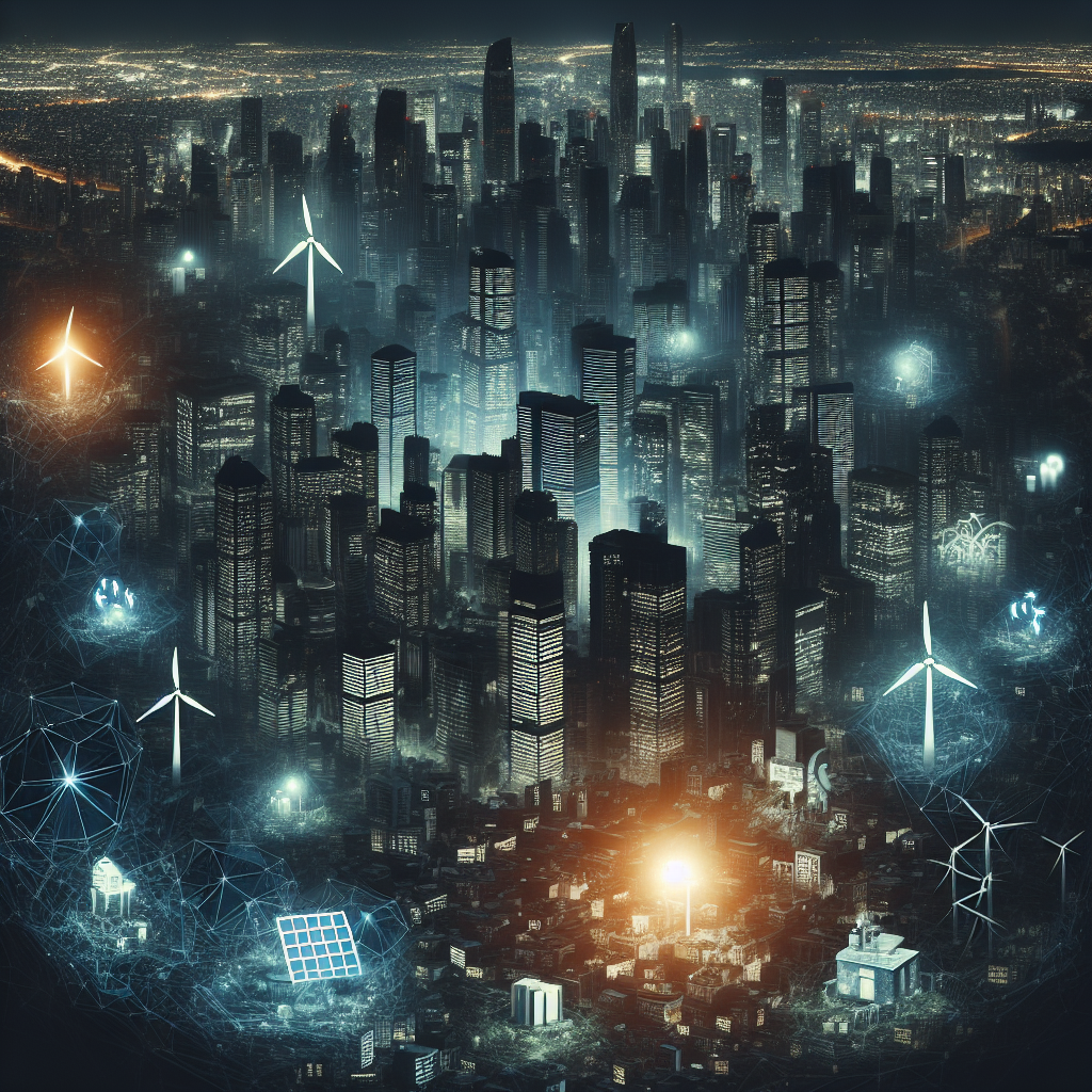 An intricately detailed city skyline during the evening, with dense, towering skyscrapers accounting for the majority of the scene. The city is suddenly plunged into darkness, symbolizing a nationwide power grid failure. Overlapping the city, a range of different solutions are represented — a wind turbine, a solar panel, and a geothermal plant — glowing with light and energy, shining brightly against the dark cityscape to emphasize their importance in preventing blackouts.