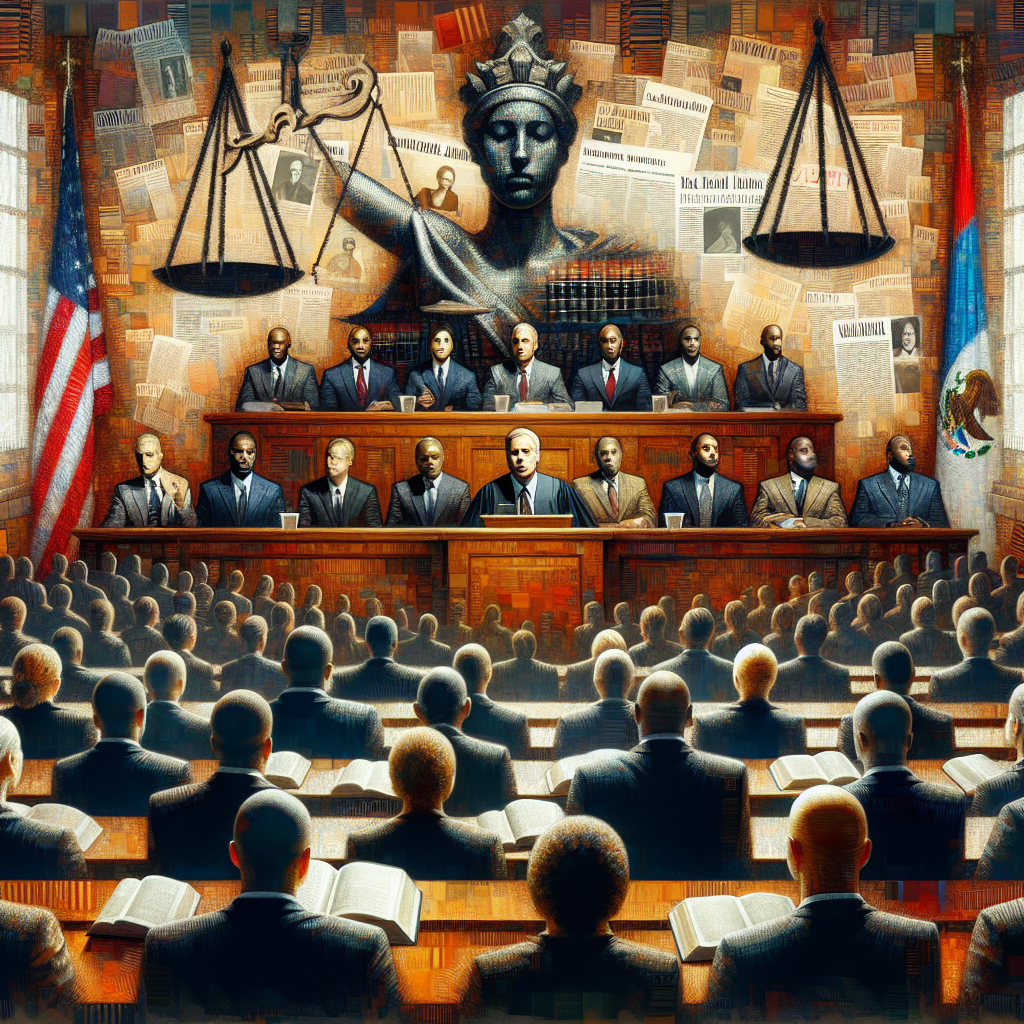 An abstract depiction of a United States courtroom during a high-profile criminal trial featuring the judge's gavel, the scales of justice, law books stacked, and a jury composed of various individuals each from a different descent such as Black, Hispanic, Caucasian, Middle-Eastern, etcetera. All present are awaiting the verdict with bated breath. The tension is palpable, reflecting the riveting nature of such trail cases. The backdrop can include a collage of newspaper clippings hinting at the intensity and public attention these trials often attract. Please avoid specific personal or trial references.