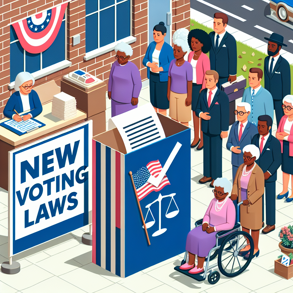 A detailed scene showing different elements representing the changes in voting laws. Show a voting booth with a sign that reads 'New Voting Laws' in the foreground of the image. There should be a diverse group of people lining up to vote, including some seniors, young adults, and individuals with disabilities; present a female Black elderly woman, a male Hispanic young adult, and a male Caucasian individual with a wheelchair. Have a symbolic representation of an election impact such as a scale tilting, showing the effect of these laws on the election results. This scene should be set in an urban environment.