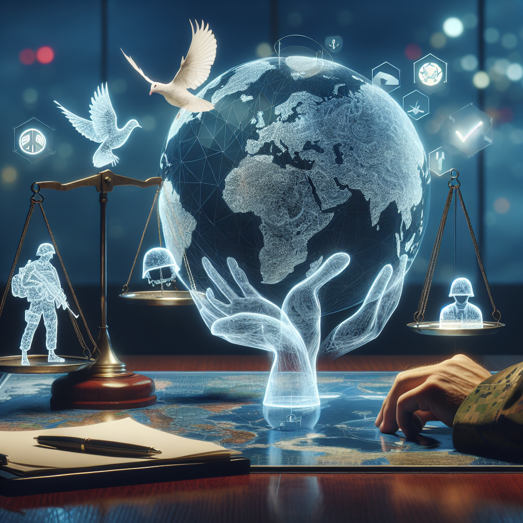 Visualizing an abstract concept of global security, depict a map of the world on a table. Hovering over the map, there should be translucent symbols of peace; such as dove, olive branch, and handshake. There are also see-through military symbols like an army helmet and a parachute. Nearby the map, there's a scale balancing a globe and a secured lock, symbolizing the balance between global security and peace. The scene should resonate a calm and calculated strategy room atmosphere. No specific people or officials should be in the image. Capture the immediacy and gravity of the decision-making process.