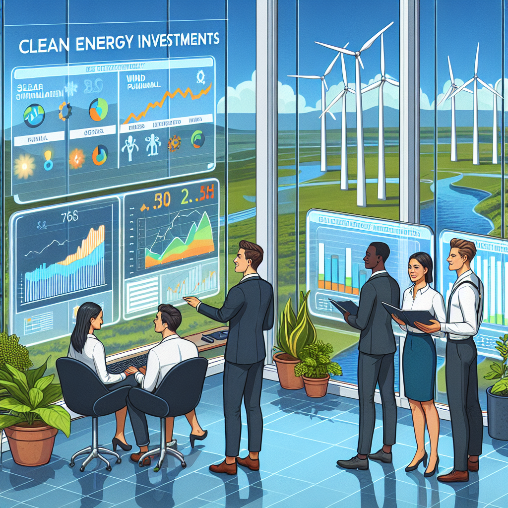 Depict a detailed scene of the intersection of finance and environmental stewardship. In the foreground, have a diverse group of investors—a Hispanic female, a Black male, and a Caucasian male—analyzing data on a large screen. The data should display graphs and charts related to clean energy investments, such as solar, wind, and hydropower investments. Their expressions should indicate optimism and dedication. The background should suggest a modern, environmentally conscious office, with live walls of plants, large windows revealing wind turbines, solar panels, and flowing rivers. Overlay this scene with text reading 'Clean Energy Investments: The Best Strategy for Climate Change Legislation'.