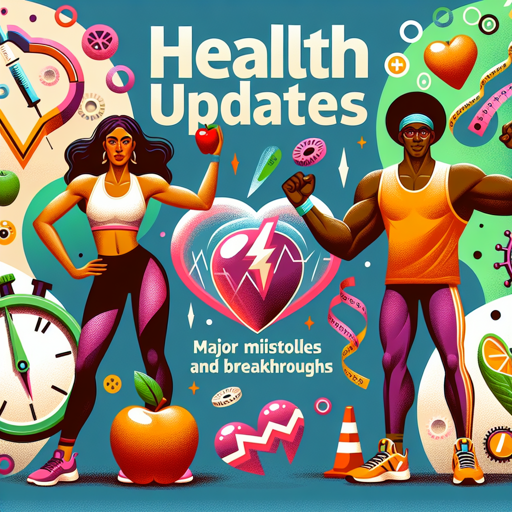 Illustration for an article that talks about health improvement and breakthroughs. It should feature at least two fictional characters: a woman of Hispanic descent and a man of African descent, both in athletic gear signifying their effort towards better health. They are holding up symbolic items like a fresh apple and a transparent heart symbol, respectively, representing the concept of health updates. The background includes symbolic elements of progress like a ticking stopwatch, a measuring tape, etc. The words 'Health Updates: Major Milestones and Breakthroughs' written in bold, colourful fonts float above their heads.