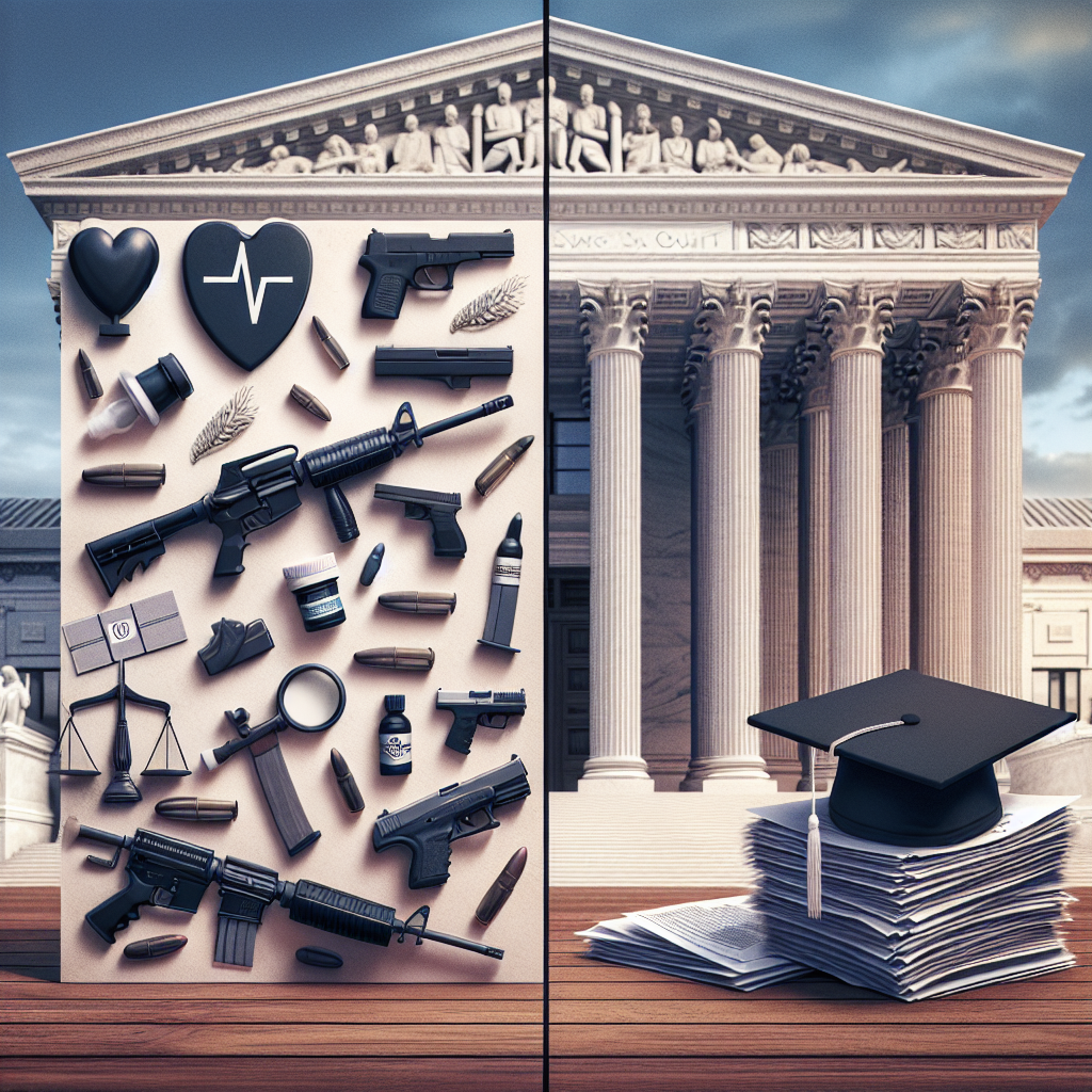 An image showing three distinct sections. The first one represents legal documents and a symbol for medicine, illustrating the concept of abortion laws. The second one displays legal documents and a variety of firearms carefully arranged, representing gun laws. The third section contains legal documents and a graduation cap staged near a pile of paperwork, which represents the idea of student loans. All three sections are set against a backdrop of the facade of a neoclassical building with large columns, symbolizing the Supreme Court. The image should be designed in a tasteful and respectful manner.