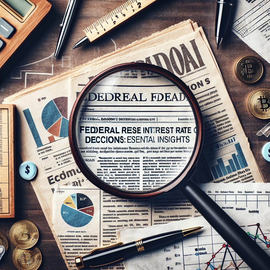 Create an image of a magnified glass focusing on a newspaper headline reading 'Federal Reserve Interest Rate Decisions: Essential Insights'. Surrounding the paper should be visual symbols indicative of economics, like graphs, dollar signs, and pie charts. Present this scenario on a classic wooden desk with a vintage feel, dotted with pens, ruler, and calculator. Note, do not include any images of public figures or personalities.