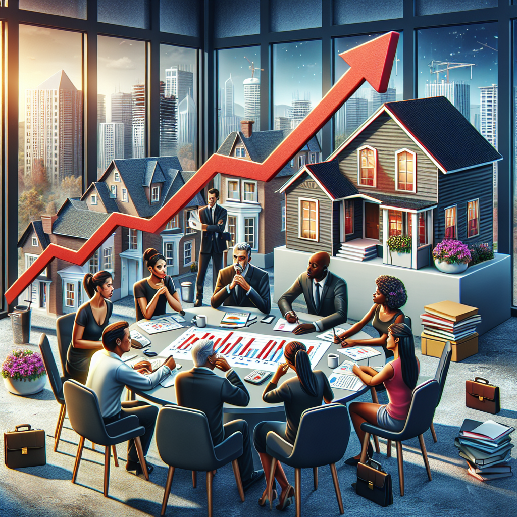 Depict a high-stakes scene of a housing market in turmoil. A chart with rising mortgage rates is prominently displayed, with red arrows pointing upwards to symbolize the surge. Nearby, a diverse group of people, including an African man discussing with a Middle-Eastern woman, a South Asian man deep in thought, and a Caucasian woman looking worried, symbolizing homeowners affected by the crisis. In the foreground, a round table with documents, pens, and coffee cups, participants brainstorming strategies to handle the situation. The atmosphere is intense but hopeful. The setting is an urban office with a view of a city under construction outside the window.