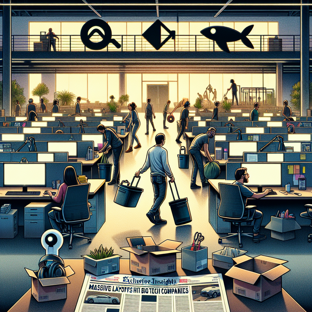 A bustling office scene with empty desks, turned-off computers, and chairs pushed back. Workers of diverse DESCENTS and GENDERS packing their belongings into boxes under the fluorescent lights. Visible logos of tech companies like a search engine symbol, an arrow shaped logo, a virtual reality headset, and a car manufacturer are slightly blurred in the background. A newspaper headline in the foreground reads: 'Massive Layoffs Hit Big Tech Companies: Exclusive Insights'. The overall atmosphere reflects uncertainty and shock, with a few individuals showing resilience and determination.