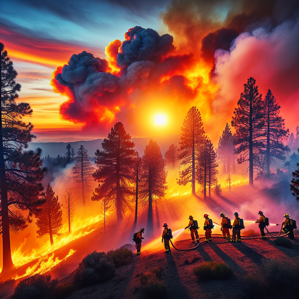 A dramatic scene depicting a wildfire against a twilight sky unfolding on a remote US landscape. A vibrant setting sun casts long shadows across the trees while bright orange and red flames roar in the midst. Plumes of smoke ascend to the sky, creating an eerie silhouette against the fiery backdrop. A small group of dedicated firefighters, equal parts men and women with various descents such as Caucasian, Black, Hispanic, Middle-Eastern, and South Asian, are seen courageously battling the fire with hoses and other firefighting equipment. They wear their yellow protective suits and helmets, highlighting their bravery and dedication.