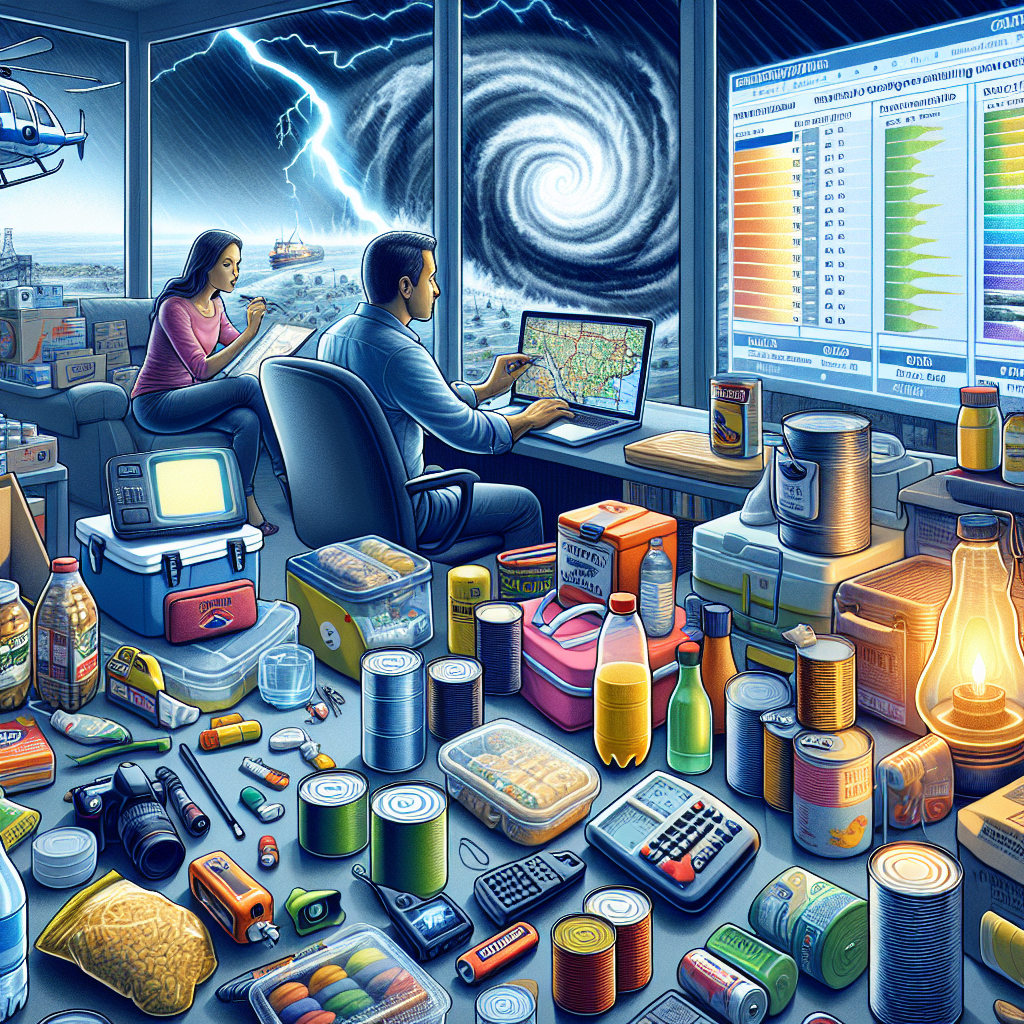 A detailed depiction of an emergency preparedness situation during hurricane season. Highlights include carefully-stacked necessities like canned food, bottled water, flashlights, batteries, a first-aid kit, and a portable radio. Weather alerts are visible on a display from a weather monitoring device, showing a large storm system approaching. A diverse group of concerned individuals is in the scene, including a Hispanic male meteorologist studying the alerts, and a Caucasian female preparing the emergency supplies. The atmosphere poignantly blends both suspense and preparedness valuing safety in a time of potential disaster.
