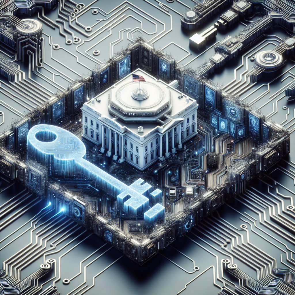 Create a detailed image symbolizing AI regulation, focusing on a large, intricate metallic web of circuitry highlighting the intersection of artificial intelligence and policy. In the center, position a stylized building representing the White House, blending appropriately with the surrounding technology. Allocate enough space for a digital key that represents 'key updates' and have it inserted into a digital lock, indicating ongoing changes and adjustments. Please place the image in a futuristic setting with a color palette of whites, blues, and grays, embodying the modern technological era.