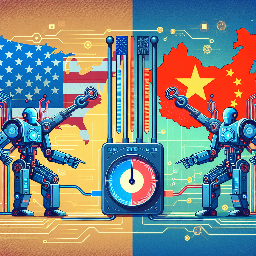 Illustrate an abstract concept of technology tensions between two nations, depicted as two giant robots over a stylised map of the USA and China. The robots should be done in a futuristic design, with indicators such as digital elements, circuitry, binary code, or gear symbols to represent technology. In the middle, show a digital metronome ticking back and forth, symbolizing the TikTok ban debate. The overall color scheme should be a balance of cool and warm tones, representing the contrasting yet intertwined interests of the two nations.