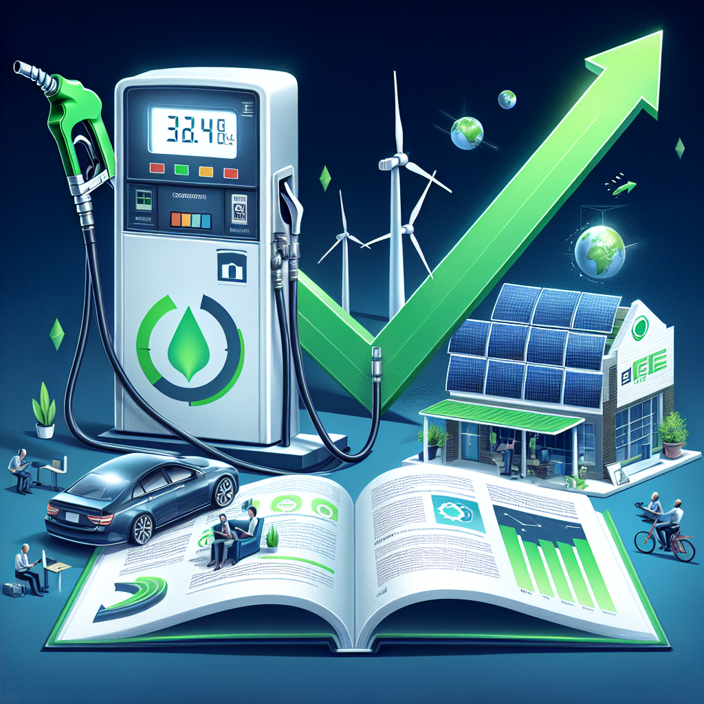 An illustration of a large, sleek fuel pump with a green downward arrow symbolizing plummeting gas prices. Below it, an open guide book labeled 'Navigating US Energy Policy Shifts' with text and infographics relevant to the energy industry. The background should have a light gradient of midnight blue at the top fading to white at the bottom, symbolizing a hopeful transition. Depict a diverse range of individuals, some visibly Caucasian, Asian and Hispanic, male and female, young and old, researching available resources on their devices. Please add into the scene elements that symbolize renewable energy sources as an alternative, such as solar panels and wind turbines.