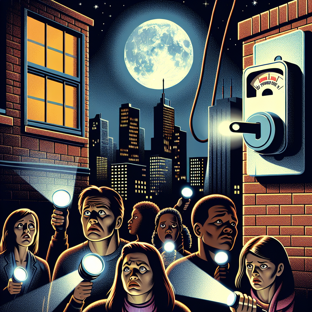 A nighttime cityscape that's typically buzzing with light completely dark due to a power outage. In the foreground, people of diverse descents and genders with flashlights appear distressed. Some are looking at an emergency radio. An analog meter on the side of a brick building in the background, indicating zero. Above it, a bright full moon provides the only significant light source. A large, disconnected electrical plug is hovering above cityscape. The headline 'Critical Nationwide Blackout Alert' appears in bold, stylized text at the top.