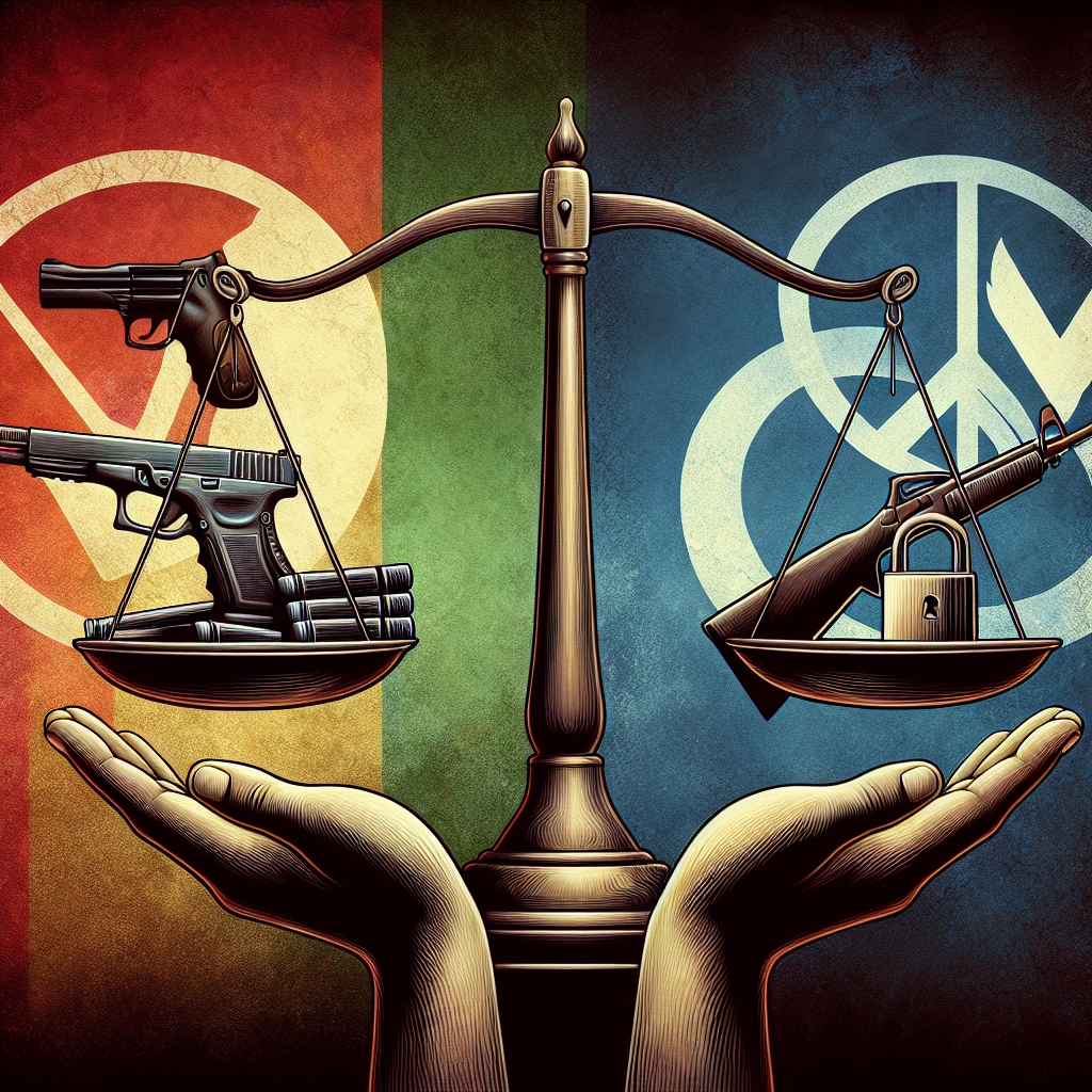 A symbolical image representing the challenge and solutions to gun violence. The left side of the image observes a pair of hands responsibly holding a firearm, with the words 'Safe Use' hovering nearby. On the right side, a balanced scale holds a symbol of law on one side and a peace sign on the other, signifying effective legislation. In the middle, there's a large padlock indicating control. The overall ambience should portray a serious, thoughtful mood through use of somber colors bordered by bright hopeful hues indicating an optimistic future.