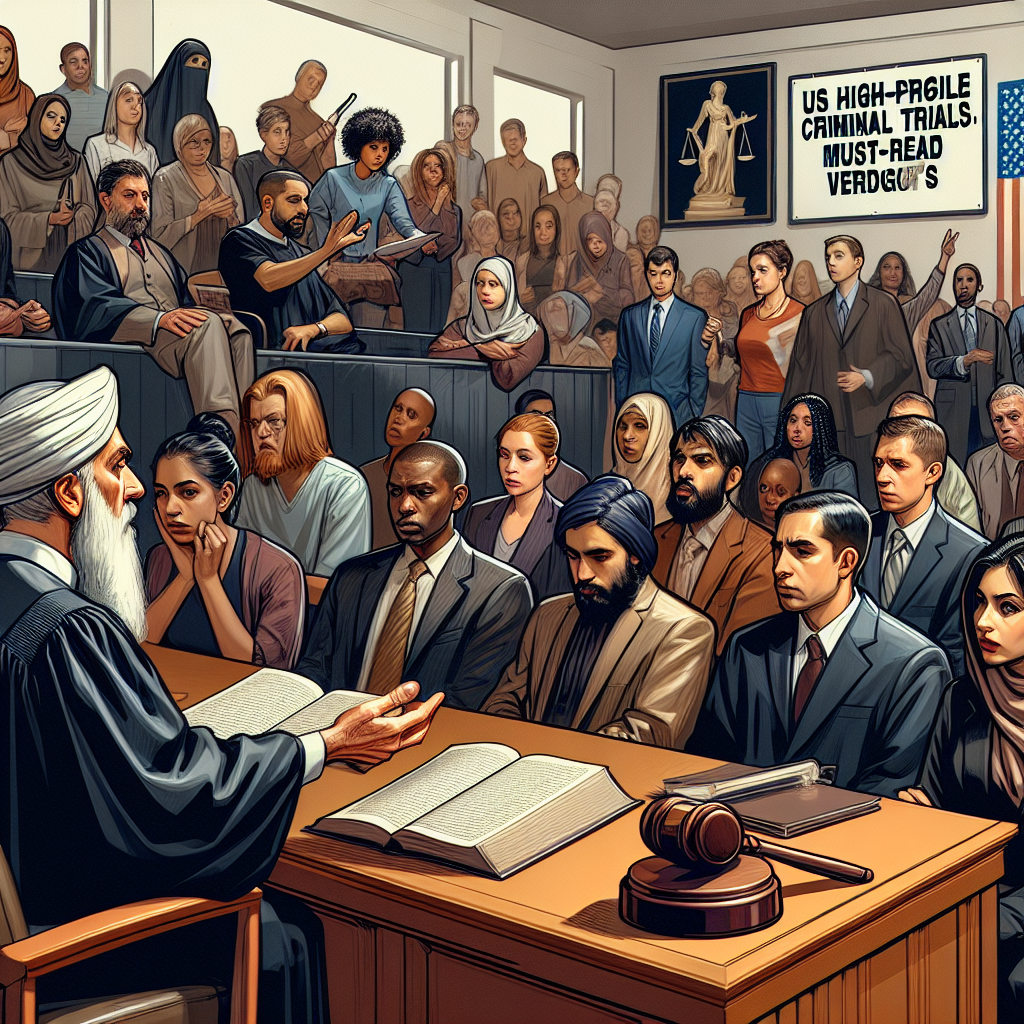 Imagine a scene within a courtroom, filled with a diverse mix of people. This includes the Caucasian judge in the black robe passing a verdict, a Middle-Eastern female prosecutor presenting her arguments passionately, a South Asian male defendant in a state of anticipation, and a jury of various descents and genders attentively listening. A big signboard on the wall reads 'US High-profile Criminal Trials: Must-Read Verdicts'. A wooden gavel rests on the judge's desk, symbolizing the administration of justice. Picture the anxiety, anticipation and gravity of the situation.
