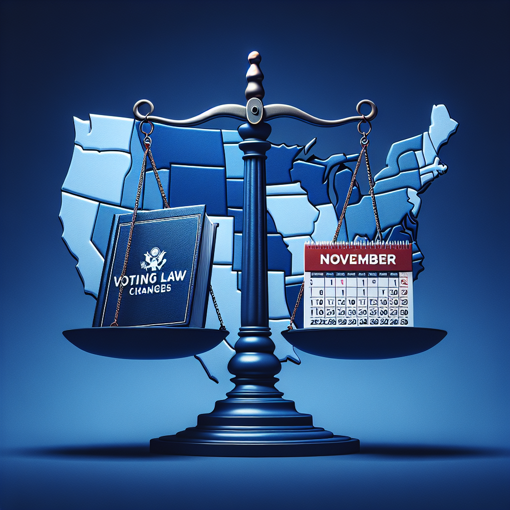 Generate an image depicting a balanced scale with a ballot box on one side and a book titled 'Voting Law Changes' on the other. The book is a deep blue shade with white letters. The background should be an abstract representation of the US map, but without identifying any specific states. To capture the post-election concept, include a stylized calendar showing November month turned over to reveal December. No logos, symbols or individuals should be present in the image. Aim for a conceptual, journalistic, and non-partisan illustration.
