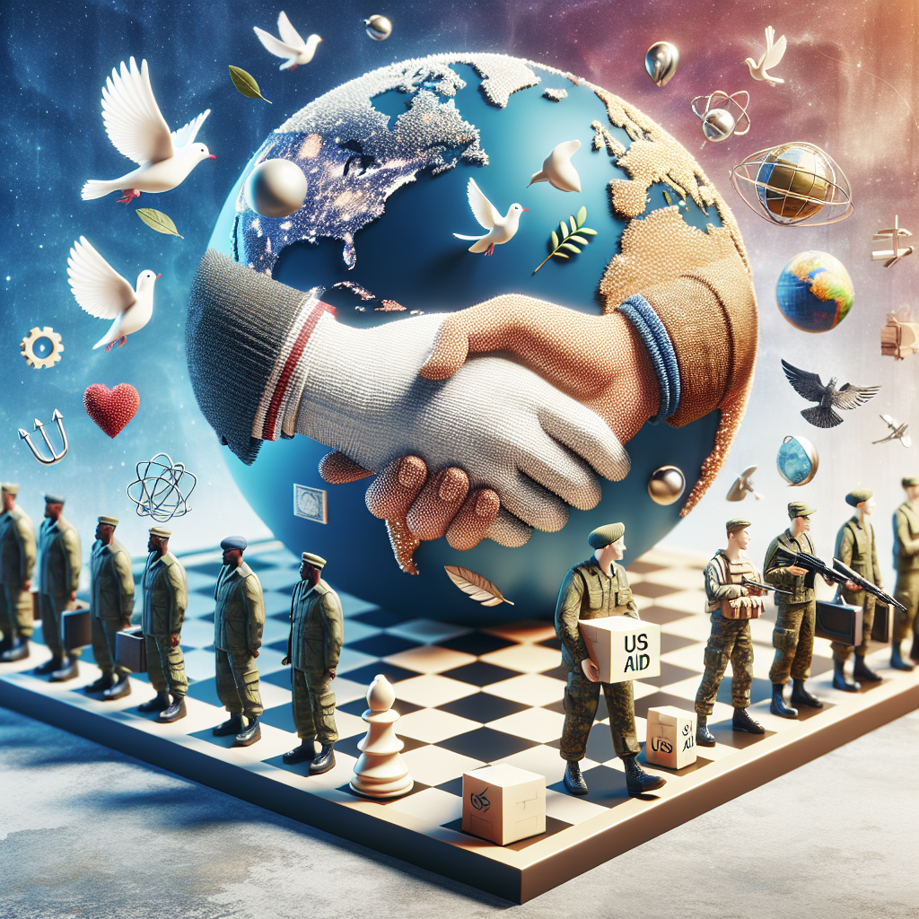 Visualize a graphic depiction of an abstract concept for global security commitments. Show different symbols representative of peaceful resources such as olive branches, doves, handshake symbolizing agreements, and earth globe. Have miniature figures in military uniforms carrying boxes labeled 'US Aid', showing the contribution of the US. The foreground should have a chessboard with pieces, meaningfully placed to represent strategic planning. Use a background depicting a unified globe spinning peacefully. Please ensure the military figures are a mix of men and women from various descents like Caucasian, Hispanic, Black, Middle-Eastern, South Asian.