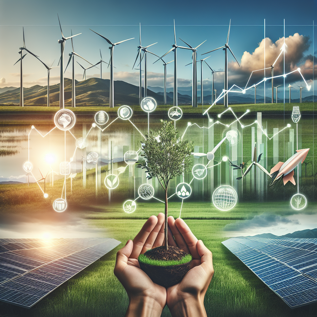 Show the story of clean energy progression in an organized, visually appealing way. Display the growing industry of renewable energy, symbolized by wind turbines, solar panels, and hydroelectric plants, that's driving sustainable economic growth. Incorporate elements of investment - perhaps a line graph showcasing growth, or hands planting a tree as a metaphor for seed funding in green initiatives. The background should be filled with green rolling hills and clear, blue skies symbolising a clean, healthy planet. Remember to indicate the image is related to an article by slightly fading the elements and including room for a title space.