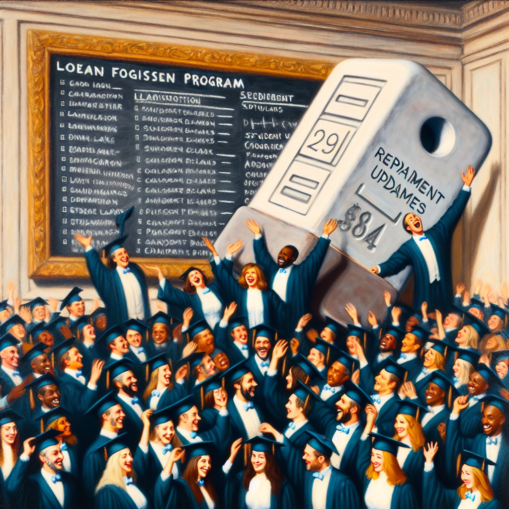 Imagine an image showcasing a diverse array of characters of differing descent and gender, all dressed in graduation gowns and caps, excitedly tossing their caps up in the air, relieved and joyful. Behind them stands a gigantic eraser engraved with 'Loan Forgiveness Program', wiping off a large chalkboard bearing the words 'student loans'. On the chalkboard is also a neatly write-up section titled 'Repayment Updates' with a checklist signifying positive news. Show the scene through a 19th-century impressionist's vision, capturing the vivacity yet lightness of the scene, using oil paints as the medium.
