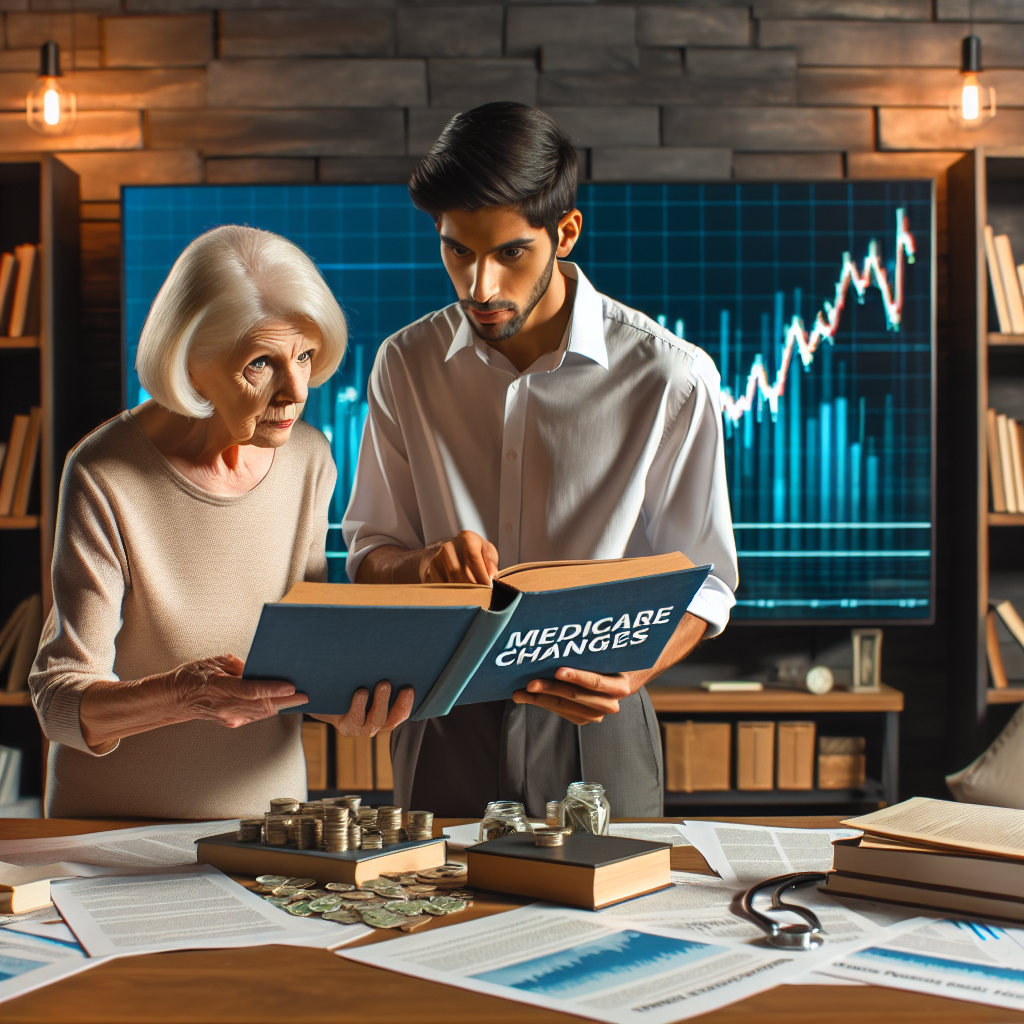 An image showcasing an older Caucasian woman and a younger South Asian man, both studying a large, hovering book titled 'Medicare Changes.' They are standing in a well-lit, comfortable home study, surrounded by other healthcare-related books and papers scattered on a wooden desk. Their expressions are contemplative, as they learn about the new regulations. In the background, a flat-screen digital display exhibits a graph showing fluctuating healthcare costs, suggesting the impact of Affordable Insurance Reforms. Please include, amongst the scattered materials on the desk, a paper labelled 'Reforms Explained'.