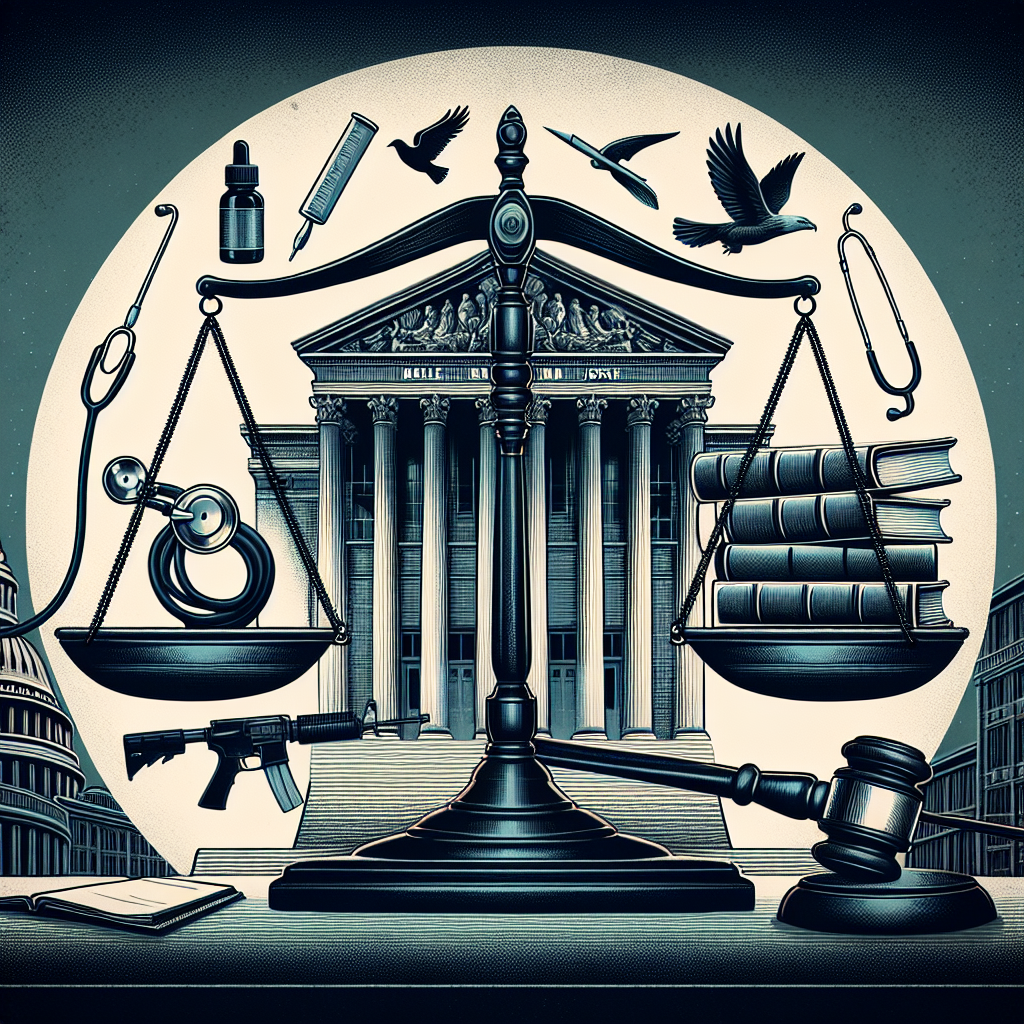 Visualize a balance representing justice, illustrating the themes of medical rights, firearm regulations, and education funding. On one side, show a stethoscope and a document (symbolizing medical rights). On the other side, display a gavel and a stack of books (representing law and education). In the background, depict the silhouette of a grand, classical-style courthouse reminiscent of those seen in early 18th-century American architecture.