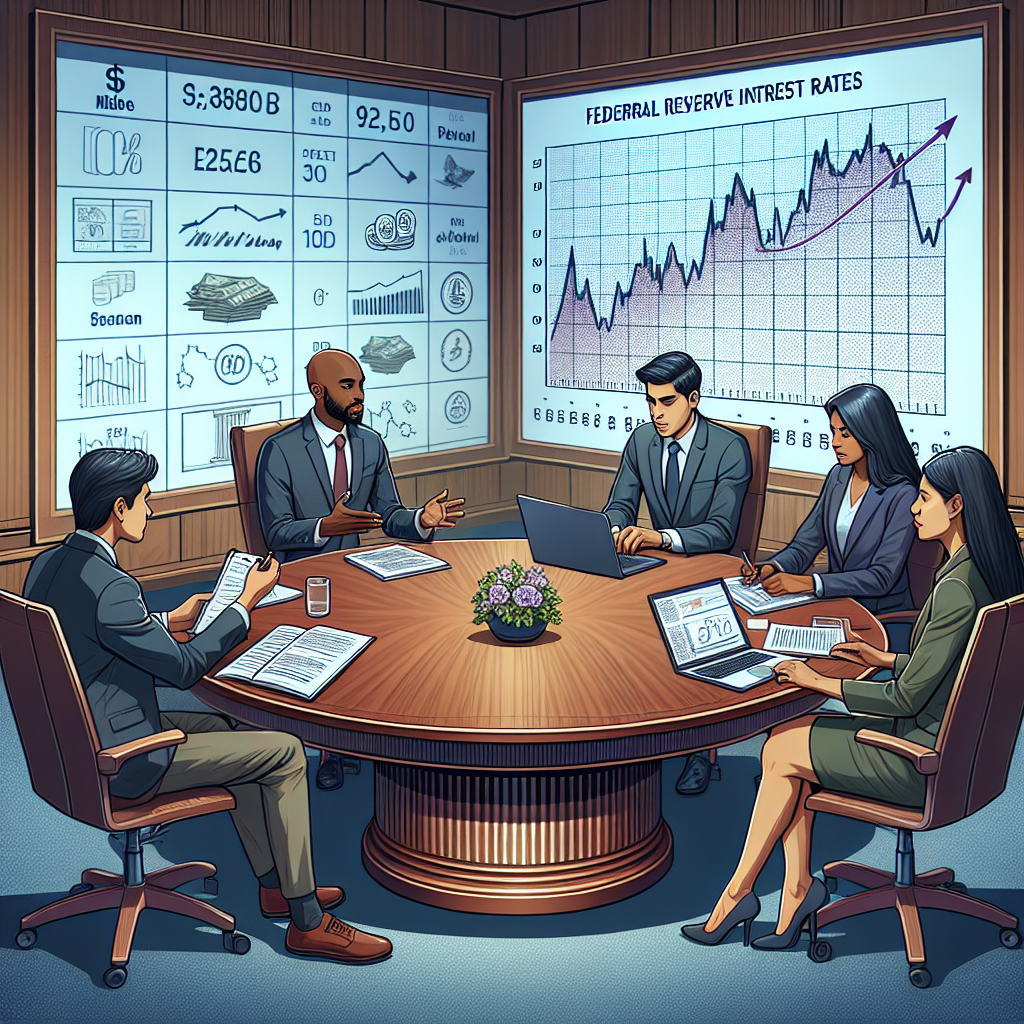 Illustrate a conceptual image showing discussion at a round table regarding inflation trends. The round table is an impressive, gleaming mahogany piece near an enormous wall-sized board filled with financial and economic graphs, reflecting the trends of inflation. Around this table, four economists are seated: a Black man shows an enlightening chart on his laptop, a South Asian woman is explaining a point with expressive hands, a Middle-Eastern man is recording notes meticulously, and a Caucasian woman is deeply contemplating, with a document regarding Federal Reserve interest rates in her hands.