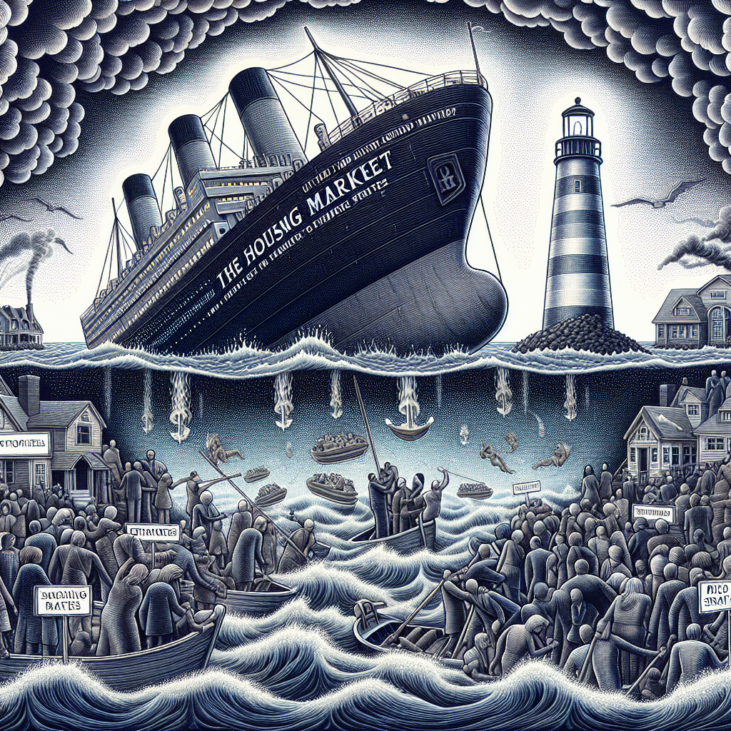An intricate illustration that engages and encapsulates the concept of the United States housing market crisis, depicting crucial elements that coincide. Foregrounds a large sinking ship labeled 'Housing Market' amidst a turbulent ocean that symbolizes rising mortgage rates, with people of different descents and genders trying to stay afloat. The sky filled with dark clouds, expressing the turmoil of an economic crisis. On the horizon, a lighthouse labeled 'Strategies' that stands tall, casting a beacon of hope amidst the storm, symbolizing guiding strategies for navigating the rising rates.