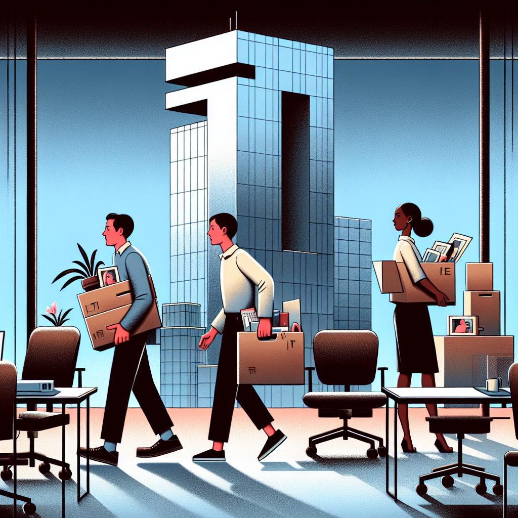 An office scene with multiple empty chairs and desks symbolizing layoffs. In the background, a large skyscraper with the letter 'T' prominently displayed, representing a tech giant. A diverse group of three people are exiting the building: an East Asian woman, a Caucasian man and a Black woman. All are carrying boxes filled with personal belongings like a plant, pictures, and a laptop - a hint of them being laid off. They wear a mix of worry, determination, and resilience on their faces, signifying the struggle and hope to survive in the harsh corporate world.