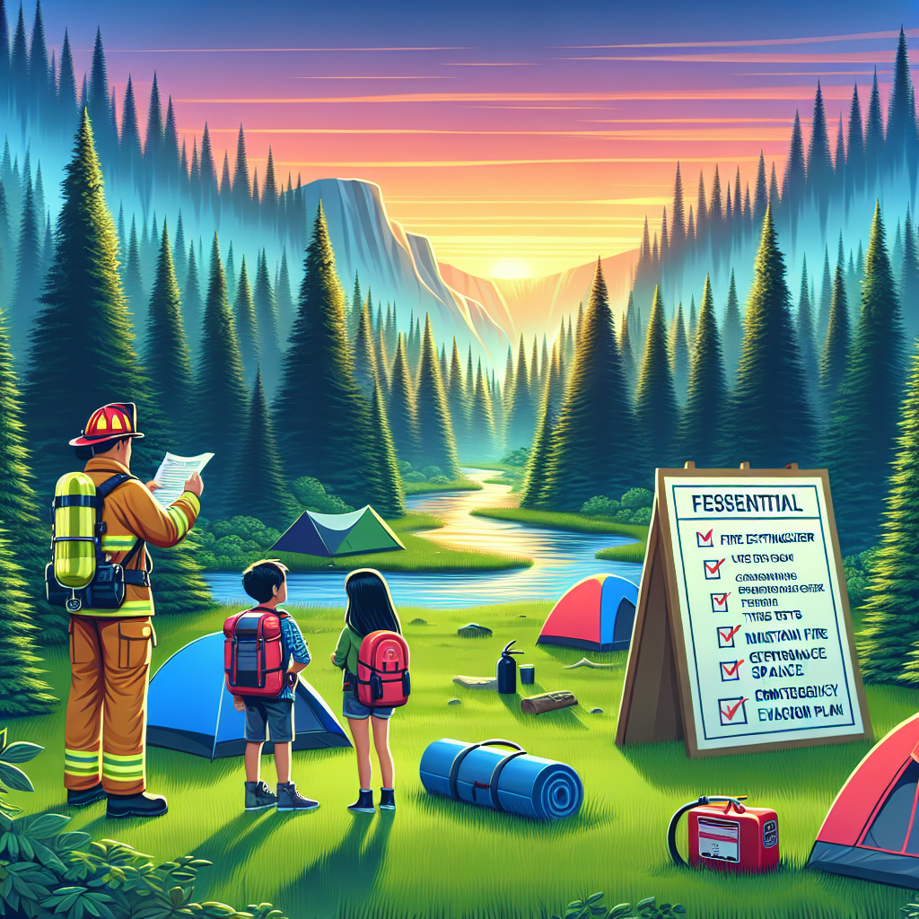Picture a vibrant illustration of a serene, densely forested landscape bathed in the soft glow of the setting sun where a few camping tents are set on a grassy clearing by a small river with an Asian male wearing a firefighter suit with a small rucksack, tutorially showing a Black female backpacker and a Hispanic child some essential wildfire safety tips such as using a fire extinguisher, maintaining a defensible space around the tents, and creating an emergency evacuation plan. Include a visual representation of a checklist with tick boxes and text hints of essential tips, subtly laying on the grass as a reminder for emergency preparedness.