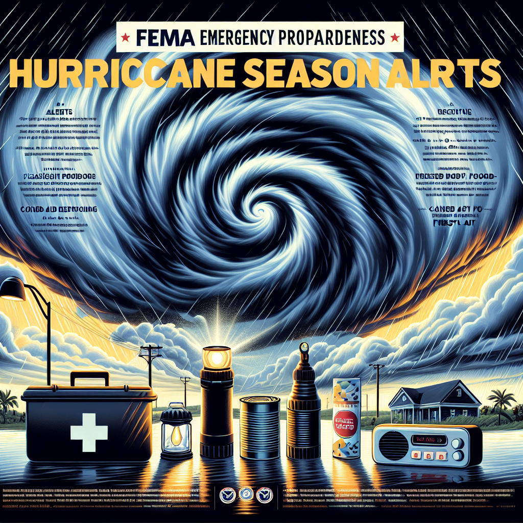 An engaging informative poster showcasing the importance of emergency preparedness during the hurricane season. The image should be a combination of realistic and symbolic elements. It includes a rain-drenched landscape with dark, swirling storm clouds forming a hurricane. Adjacent to this calamitous scene, a flashlight, a radio for receiving alerts, canned food, and first-aid kit - all the necessary items for hurricane preparedness. The poster also contains bold, readable text that emphasizes 'FEMA Emergency Preparedness: Must-Have Hurricane Season Alerts'. The color scheme should be a stark contrast between the bright, inviting colors of the preparedness items and the ominous tones of the hurricane.
