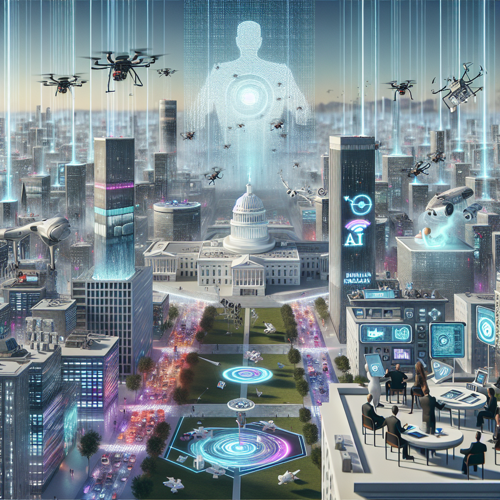 A wickedly complex, futuristic landscape portraying urban infrastructure dotted with drones and autonomous vehicles, with a large imposing government building in the background. Huge digital screens are displaying bullet points about 'AI Regulation'. A colossal holographic image of an abstract 'White House' hovers over the metropolis, with various ethereal fiber-optic connections linking it to the infrastructure. On a nearby rooftop, a diverse group of individuals representing all genders and descents, are depicted as thinkers and innovators of the tech industry, engrossed in a thoughtful discussion.