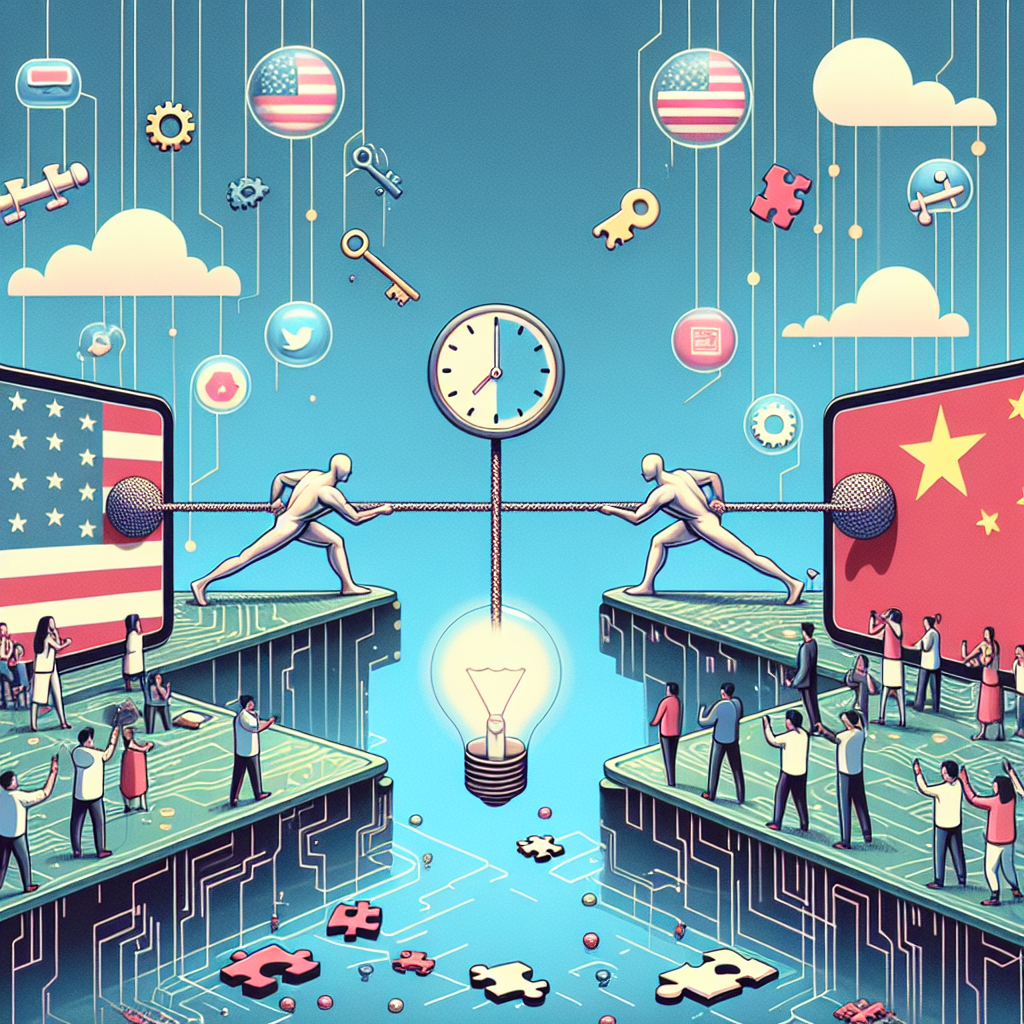 An animated image illustrating the concept of a debate over social media application restrictions, using symbolic imagery. Show two figures, one representing the United States and the other China, engaged in a tug-of-war match across a thin bridge. The bridge, in the form of a circuit board, should signify technology tension. Suspended from the bridge is a round clock, symbolizing a TikTok-style app. The surrounding environment is filled with vignettes of different easy solutions floating in bubbles. Exemplify the solutions as keys, puzzle pieces, and light bulbs to represent ideas and resolutions.