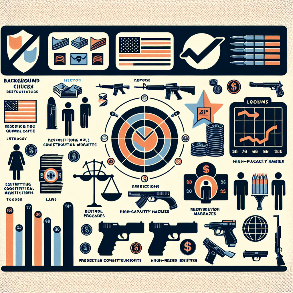 An informative, visual representation of the various gun control measures being proposed. A set of icons denoting different measures such as background checks, gun buyback programs, restrictions on high-capacity magazines, and laws restricting firearm access to certain high-risk individuals. Accompany these icons with a chart or graph showing the effect of these measures on gun violence rates over time. Use the imagery of a balance to represent goal of ensuring public safety while protecting constitutional rights. Everything colored soberly, displaying seriousness of the topic.