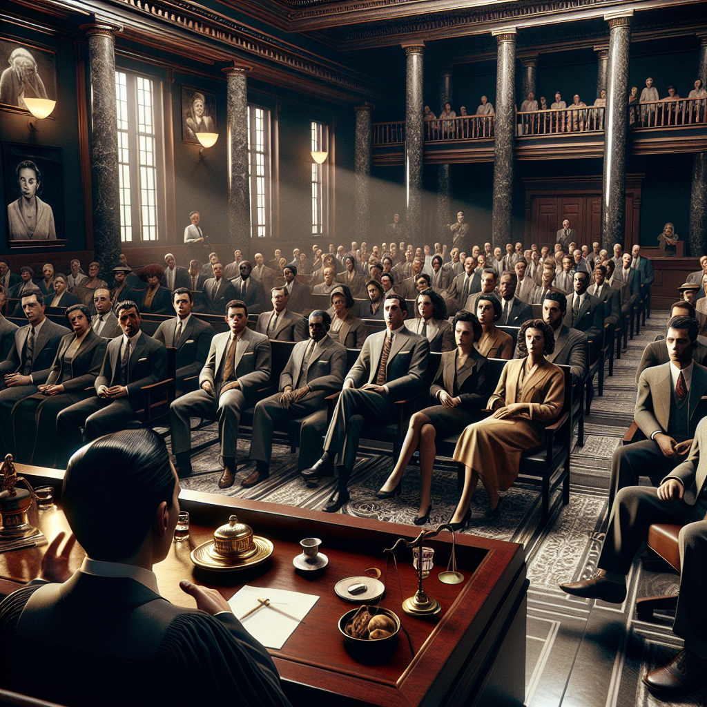 Visualize an image depicting a dramatic courtroom scene. The room is large and meticulously detailed, with marble pillars and varnished wooden furniture. On one side, a carefully composed defense attorney, a visibly anxious man of South Asian descent, is presenting his closing arguments. The other side of the room is filled with keen listeners, a diverse array of Caucasian, Black, Hispanic, and Middle-Eastern individuals sitting in anticipation. In the center, a stern, female judge of East Asian descent presides over the session. An air of tense expectation permeates the scene reflecting the high-stakes nature of the case being examined.