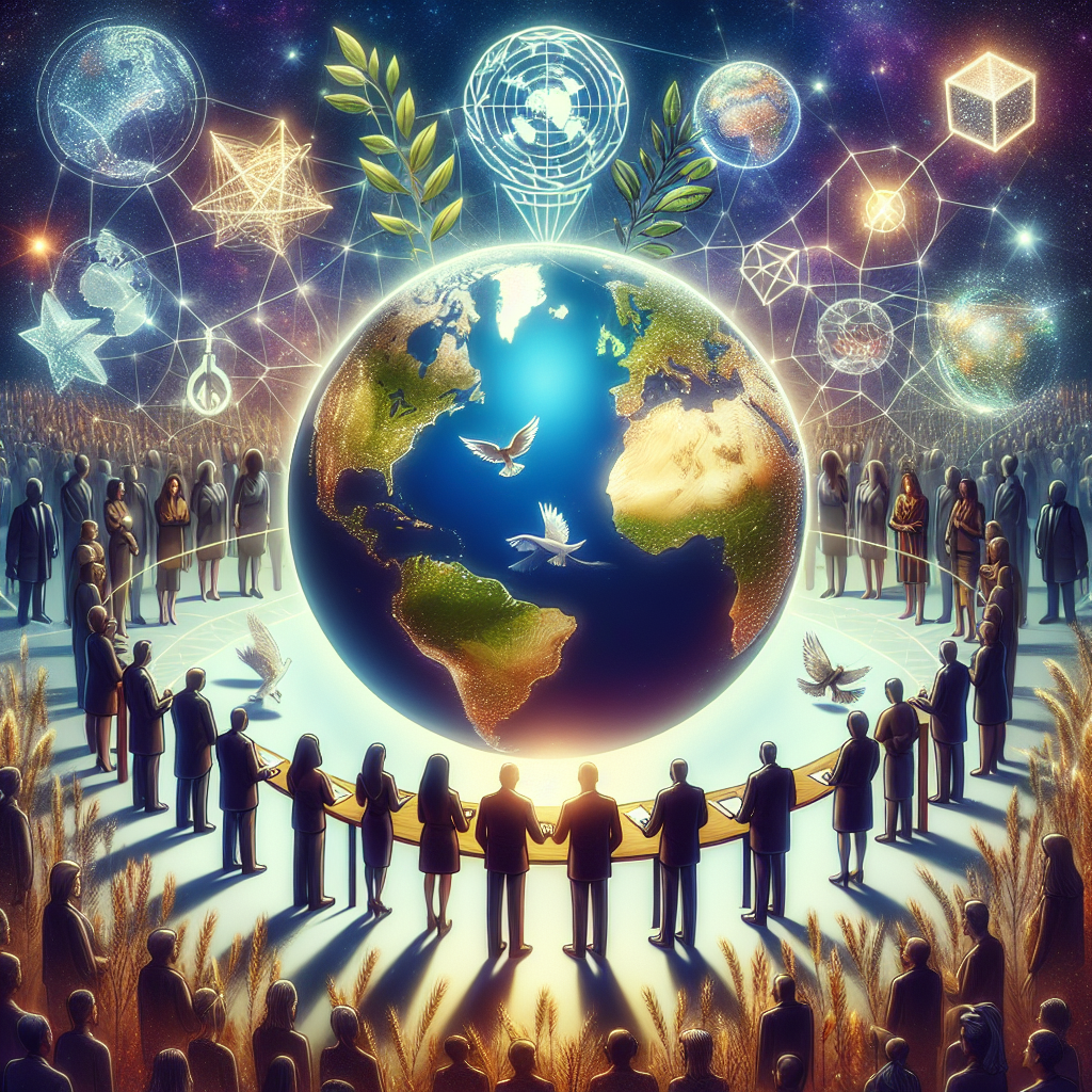 An illustrative image for a topic on global security showcasing the representation of an era of peace and cooperation. It's a complex multilayered image. The bottom layer depicts a globe with continents highlighted, signifying the worldwide impact of actions taken for global security. Above the globe, there is a diverse group of individuals, all genders and descents, representing decision-makers. They stand around a table hovering above the globe, on which lies a pile of peace olive branches and a shield symbolizing defense and safety. The top layer portrays an array of multifaceted, shimmering stars signifying hope and a brighter future.