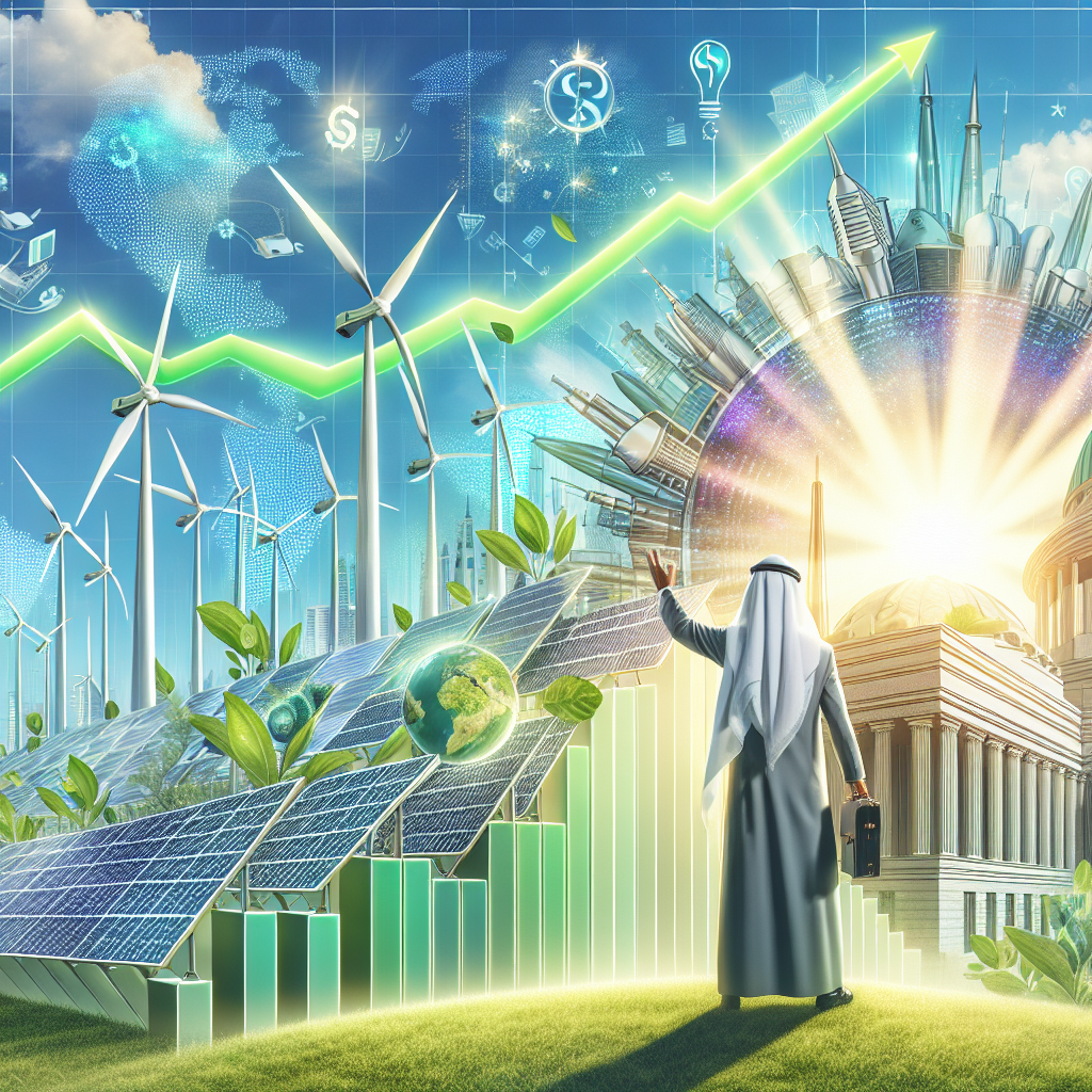 Conceptual illustration depicting the relationship between clean energy investment and climate change legislation. In the foreground, an enthusiastic investor of Middle-Eastern descent, with a detailed chart displaying a rising line of green energy stocks. In the mid-ground, a mix of traditional wind turbines and futuristic solar panels basking in vibrant sunlight, representing green investments. In the background, a towering, elegant governmental building, a symbol of legislation, under a clear, blue sky. Everything is bathed in an optimistic, bright light, signifying the positive impact of such strategies on our environment.