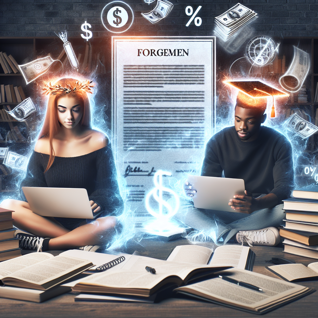 A visual representation of student loan repayment updates. The scene includes a youthful Middle Eastern woman and a Black man engaged in studying, surrounded by textbooks and a laptop. A translucent overlay of a forgiveness document, perhaps a certificate or contract representing the concept of loan forgiveness programs. Scatter some related icons, such as a dollar sign, a percentage symbol, and a graduation cap throughout the scene as well. A rebirth or renewal vibe should be evident in the image, signifying the students being free from the burden of loans due to these programs.
