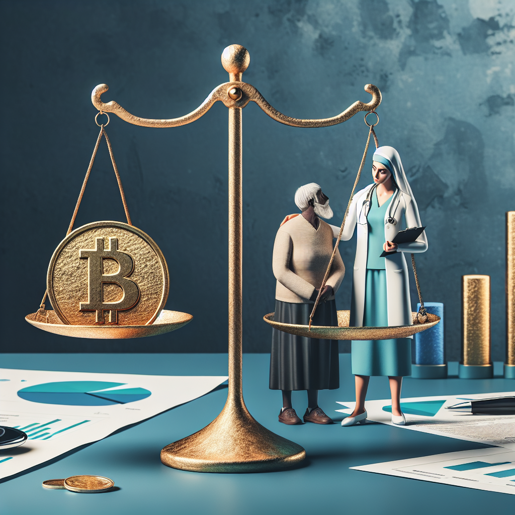 An illustrative image showing a metaphorical balance with a medical symbol on one side and a gold coin on the other. On the cozy background, there is a female Middle-Eastern doctor in a white coat explaining the changes to a black elderly couple that represents patients. Make sure to depict graphs, documents, and reports on a desk, indicating the study and analysis of the new economic reforms. To symbolize 'affordability', include an image of a lowered bar graph representing decreasing healthcare costs. Use calming blues and greens to convey a sense of security and trust.