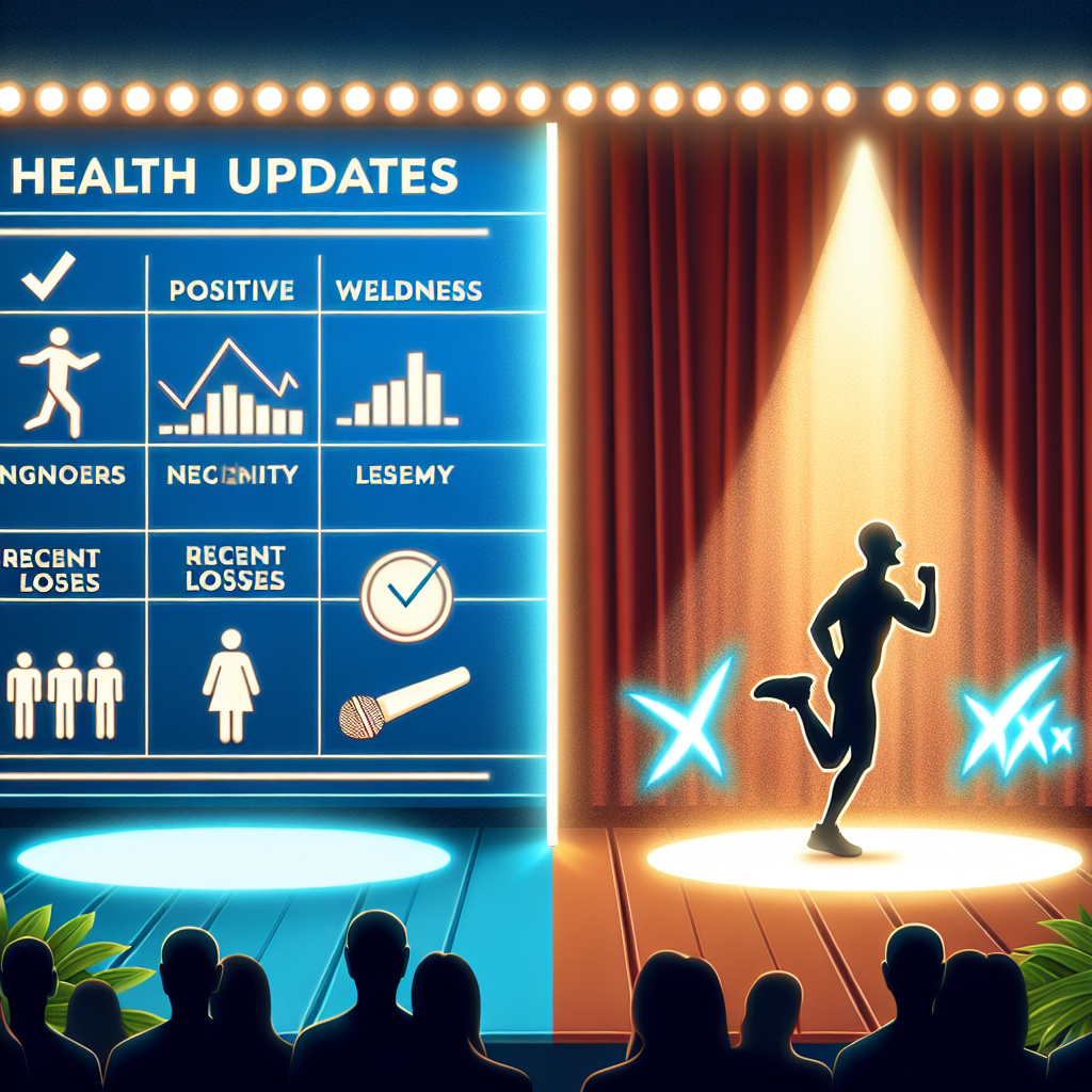 An image representing the concept of health updates regarding high-profile individuals. The first half of the image features positive wellness milestones with symbols like a chart pointing upwards and a jogger with a radiant smile. The second half of the image portrays recent losses, symbolized by dimmed stage lights and a fallen microphone. No figures in this image should resemble real-world celebrities.