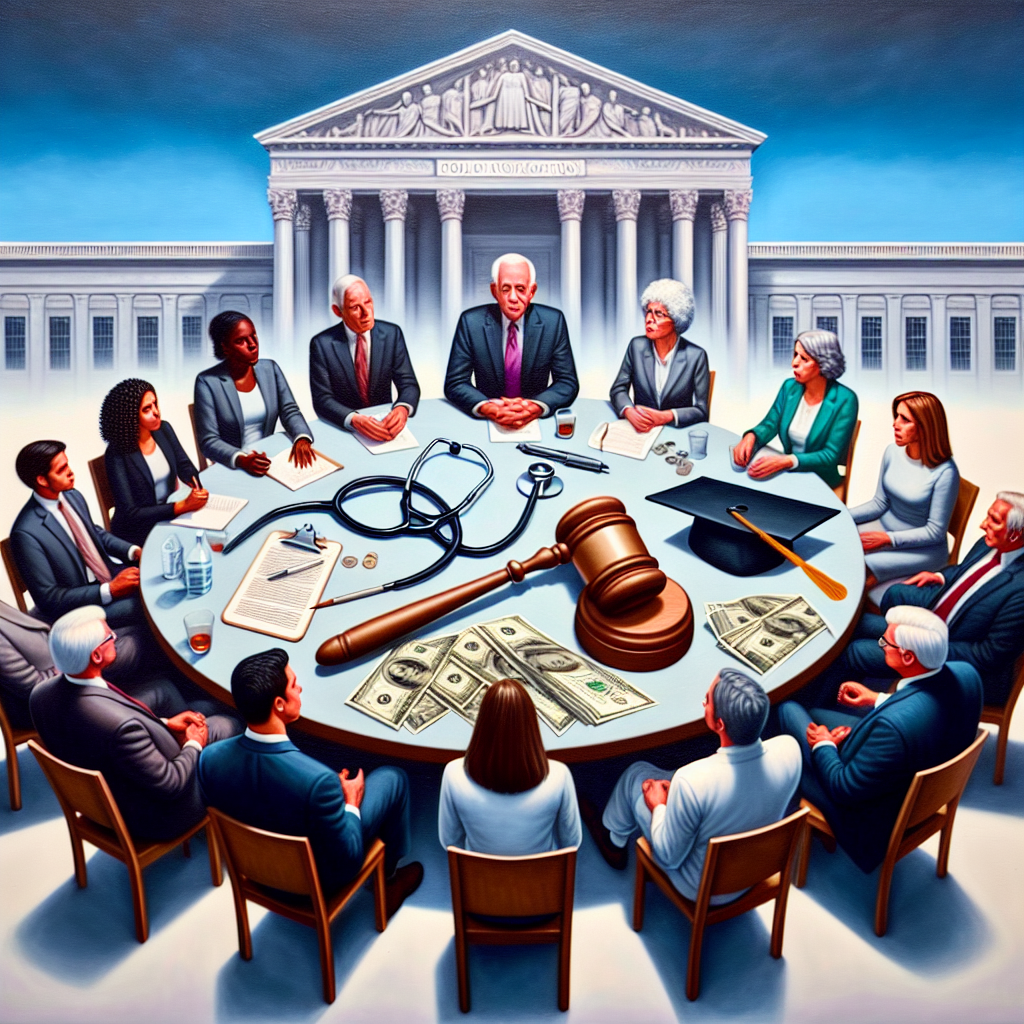 Generate an image showcasing a group of people diverse in gender and nationality sitting around a round table. On the table are three objects representing three different issues. For abortion, show a medical symbol such as a stethoscope; for gun laws, illustrate a gavel against a piece of legislation; for student loans, imagine a graduation cap on a pile of dollar bills. Add a backdrop of a grand, symbolic building signifying a high authority, such as a courthouse, but do not portray any specific, identifiable structure. Finally, show the complexity of the discussion by depicting the people in thoughtful poses.