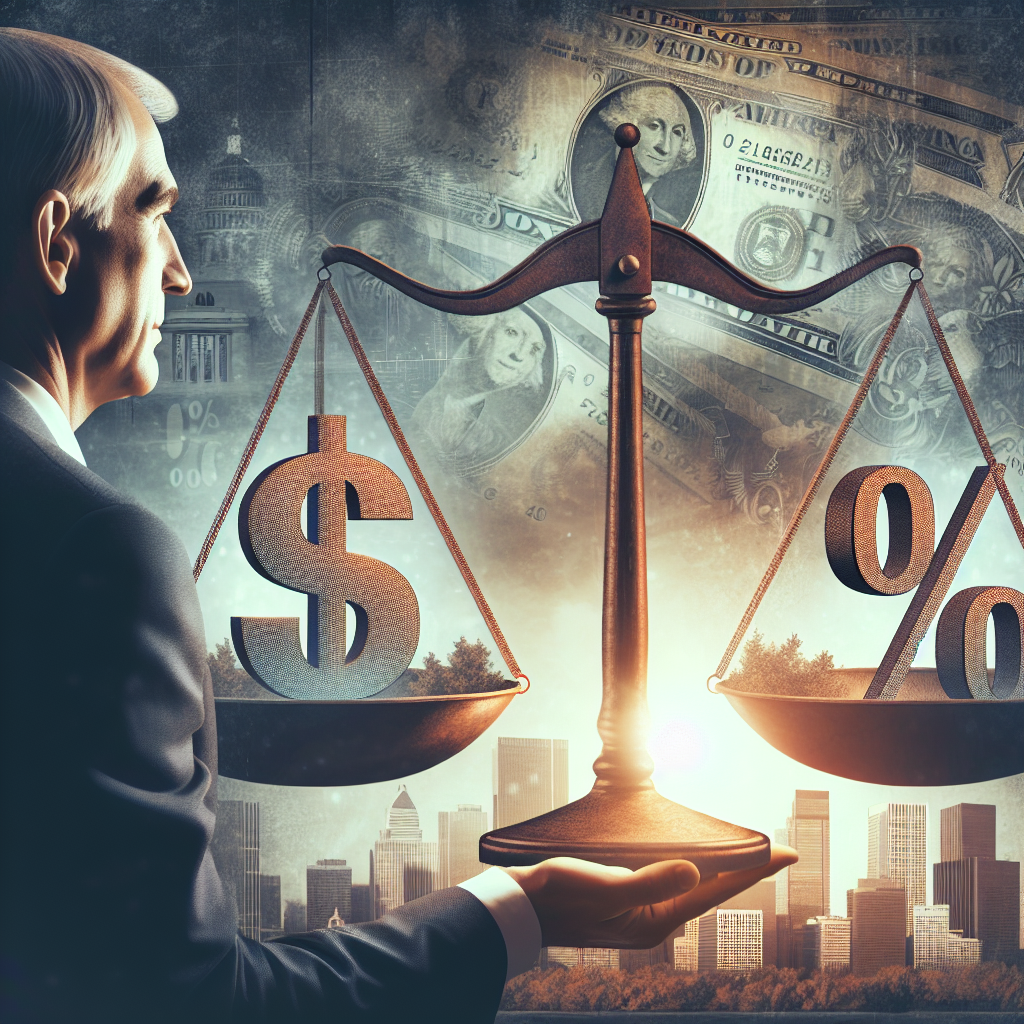Visual depiction of the concept of Federal Reserve interest rate decisions. Show a symbolic balance scale, with one side holding a dollar sign representing the US economy and the other a percentage sign symbolizing interest rates. Add a middle-aged Caucasian man in a suit, representing a financial analyst, observing and analyzing the balance. In the background, illustrate a fading skyline of a cityscape, embodying the greater economic scenario of the country. Please provide a tangible atmosphere of contemplation and decision-making.