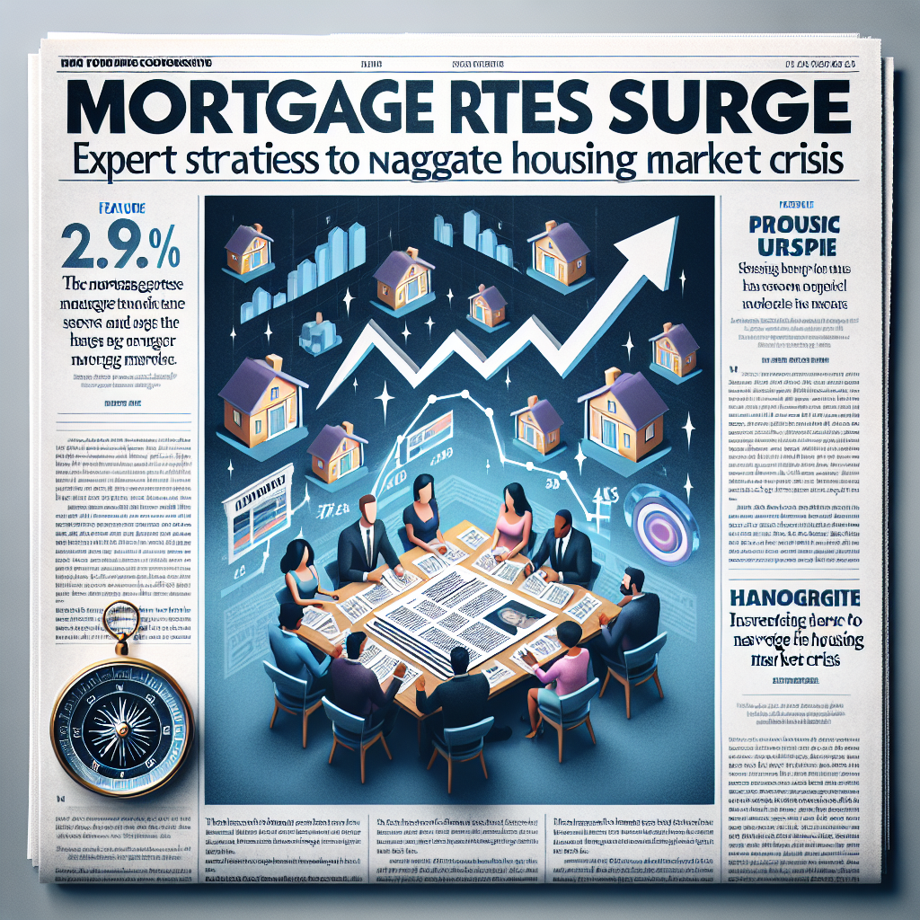 An image of a front-page newspaper with bold headlines reading 'Mortgage Rates Surge'. There's a main article below it titled 'Expert Strategies to Navigate Housing Market Crisis'. Feature accompanying the article are graphs indicating the upward trend in mortgage rates, a group of diverse individuals discussing around a table with property documents, and a compass as a metaphorical representation for navigation. The background includes images of houses signifying the housing market. Everything is imbued with a tone of urgency, subtly reflected in the design and layout of the headline, the intensity in the group discussion, and the upward movement of the graphs.