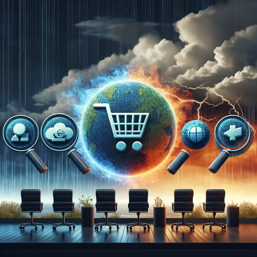 Visualize a scene depicting abstract representation of four large technological corporations, identifiable by symbols such as a search magnifying glass, an e-commerce shopping cart, a connected planet and an electric vehicle. These entities are weathering a powerful storm that bears symbols of staff reduction like empty office chairs and unused workstations. The sky is overcast with ominous clouds, which symbolize an uncertain future. The entities stand tall, suggesting resilience in the face of adversity. None of these symbols should imply any real world logos.