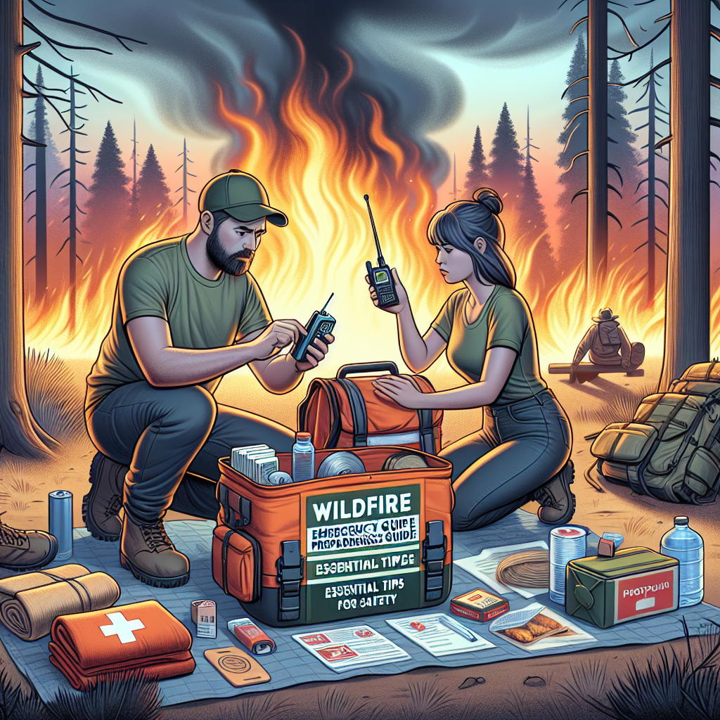 Visualize a setting for 'Wildfire Emergency Preparedness Guide: Essential Tips for Safety'. It features a Caucasian male and a Hispanic female assembling a survival backpack in a forest clearing. They're folding a fire-resistant blanket, testing a battery-powered portable radio for receiving information, gathering food and water supplies, and holding a first-aid kit. A wildfire smolders at a safe distance, creating a hazy background. The sky is ablaze with the sunset colors, providing some sense of calm despite the looming situation. The image radiates urgency and preparedness, promoting the significance of wildfire readiness.